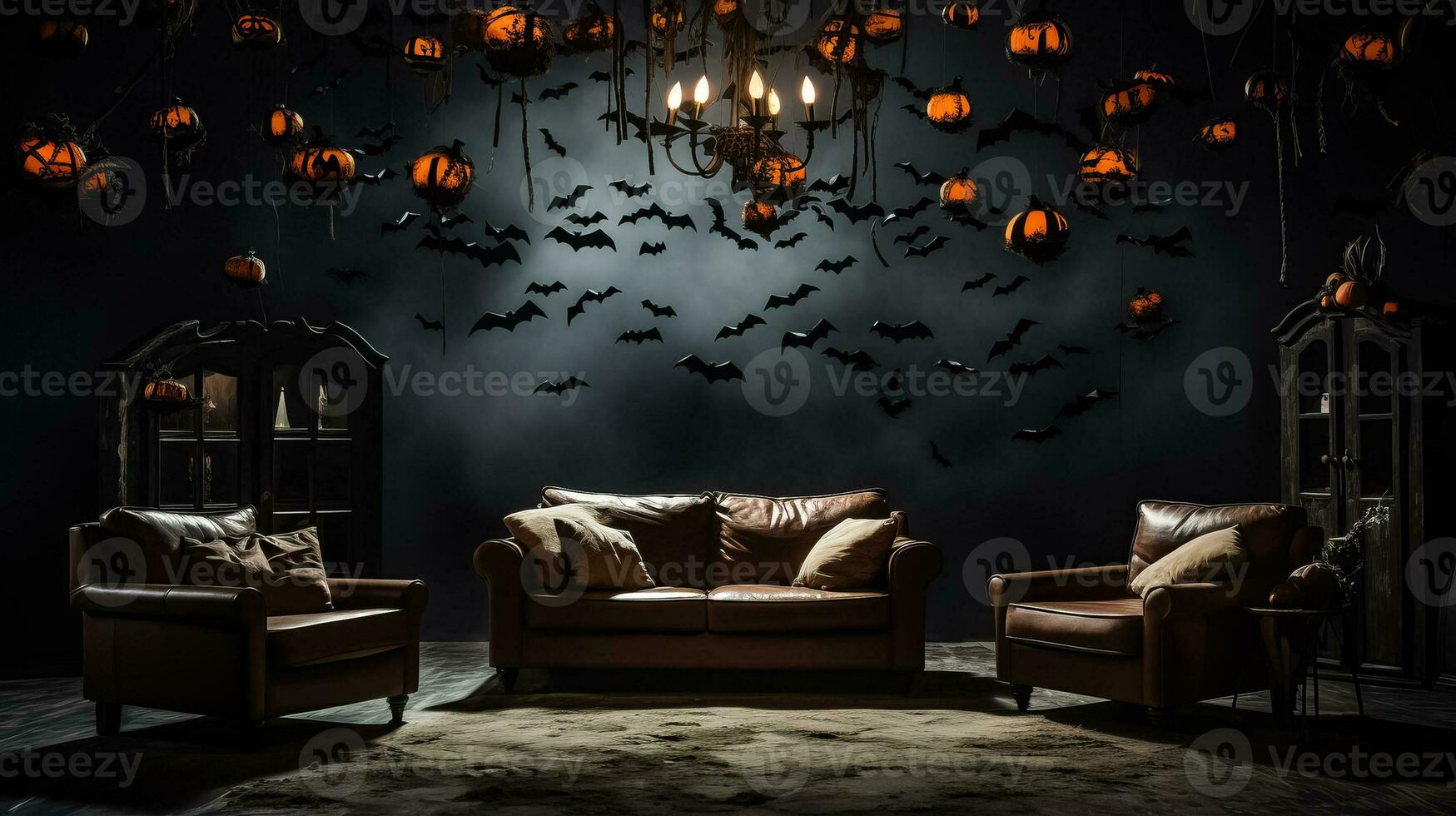 ein gespenstisch Halloween Leben Zimmer mit mit Spinnweben bedeckt Möbel Fledermäuse hängend von das Decke und ein Hintergrund mit leeren Raum zum Text foto