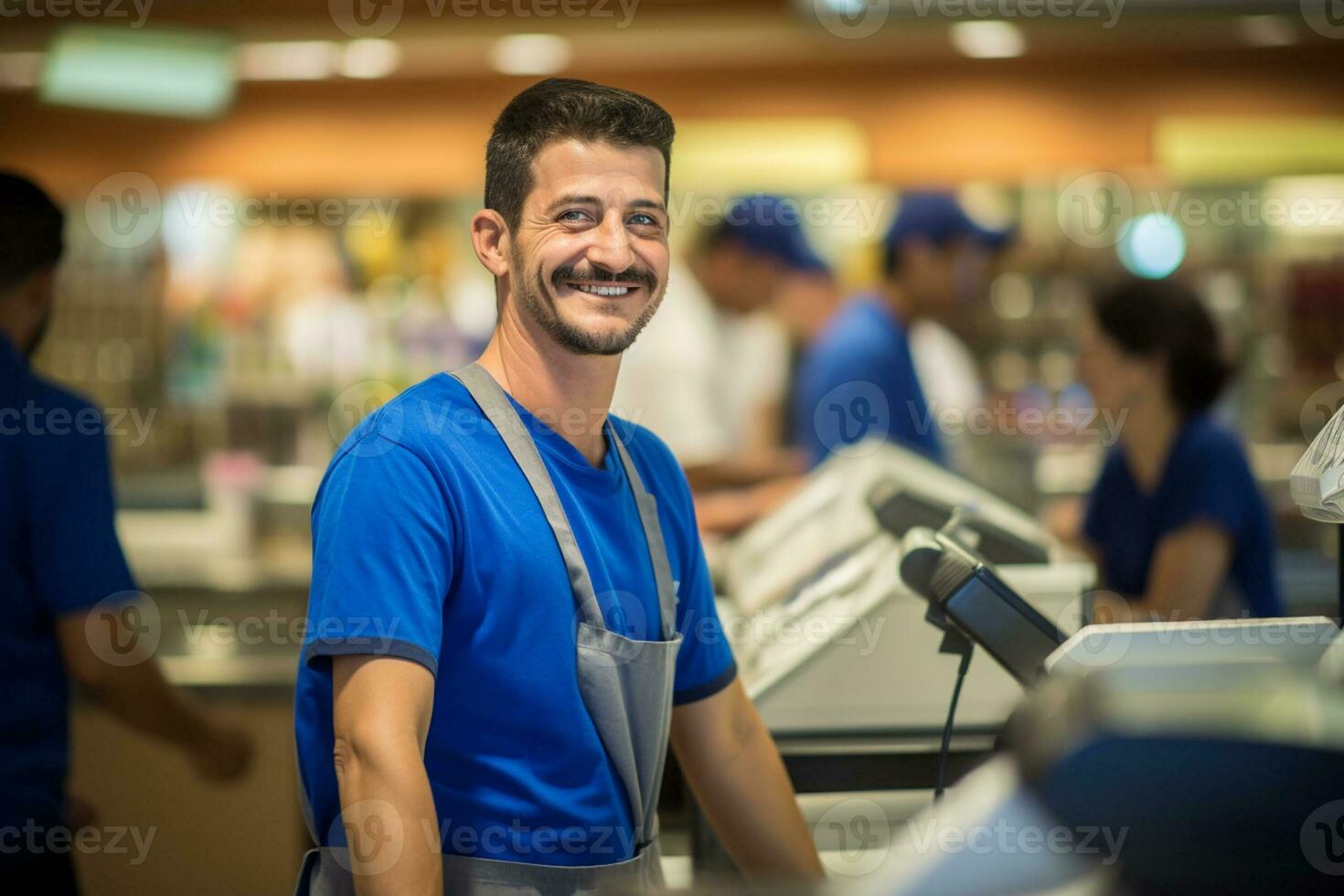 männlich Kassierer lächelnd beim das Supermarkt foto