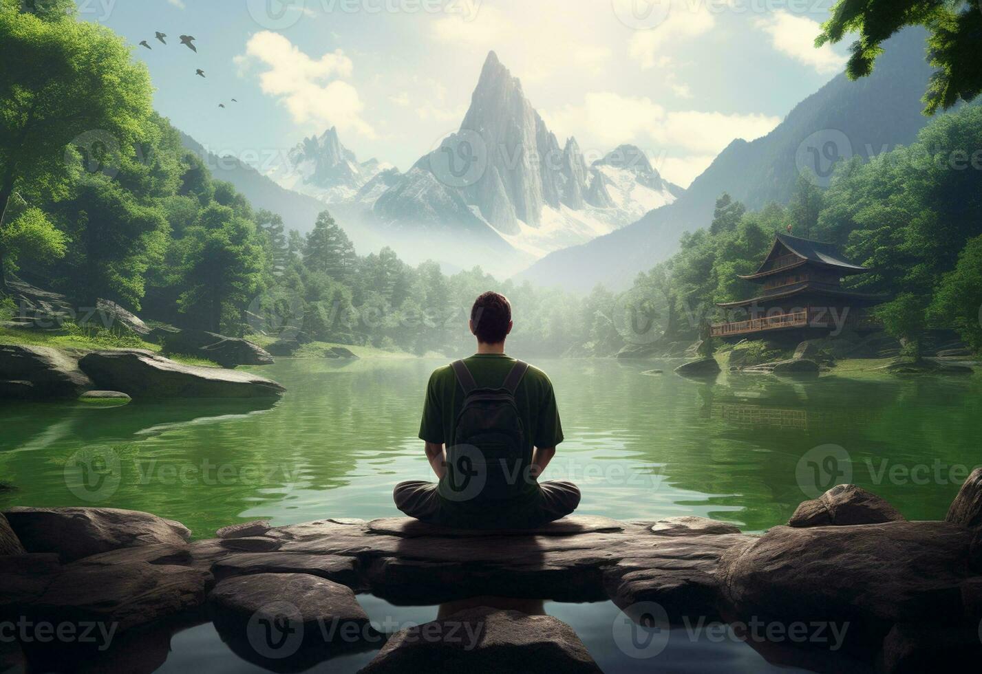 ai generativ Foto von ein Mann üben Achtsamkeit und Meditation im ein friedlich natürlich Umgebung Sony a7s realistisch Bild, Ultra hd, hoch Design sehr detailliert