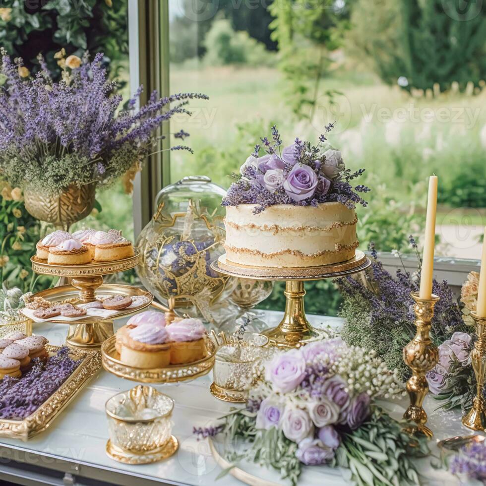 Hochzeit Kuchen mit Lavendel Blumen- Dekor, Party Feier und Urlaub Dessert im ein Landschaft Garten, Veranstaltung Essen Gastronomie, Land Hütte Stil, generativ ai foto