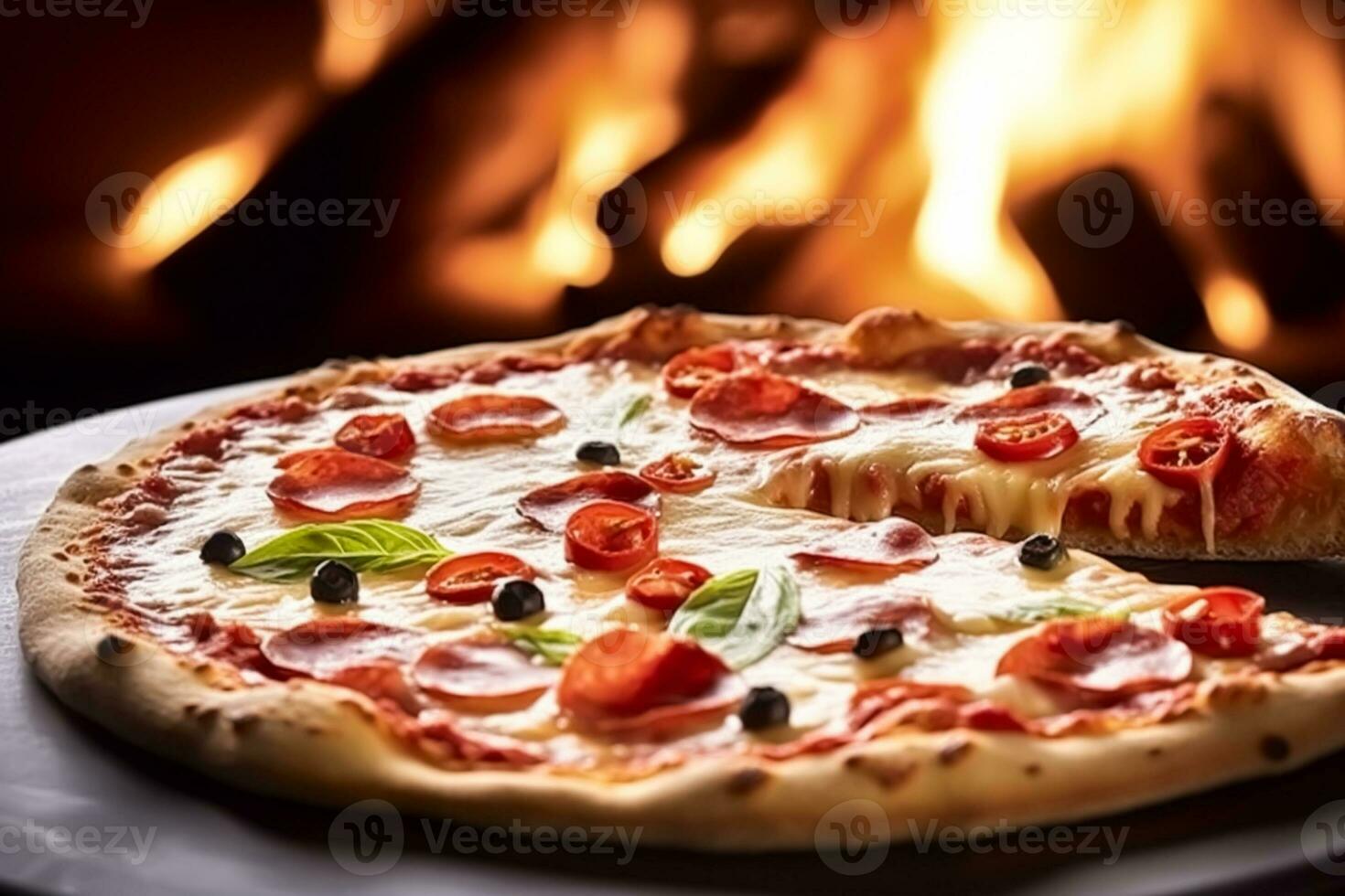 Pizza Capricciosa hausgemacht mit Feuer im das Ofen, online Lieferung von Pizzeria, nehmen Weg und Italienisch schnell Essen, generativ ai foto