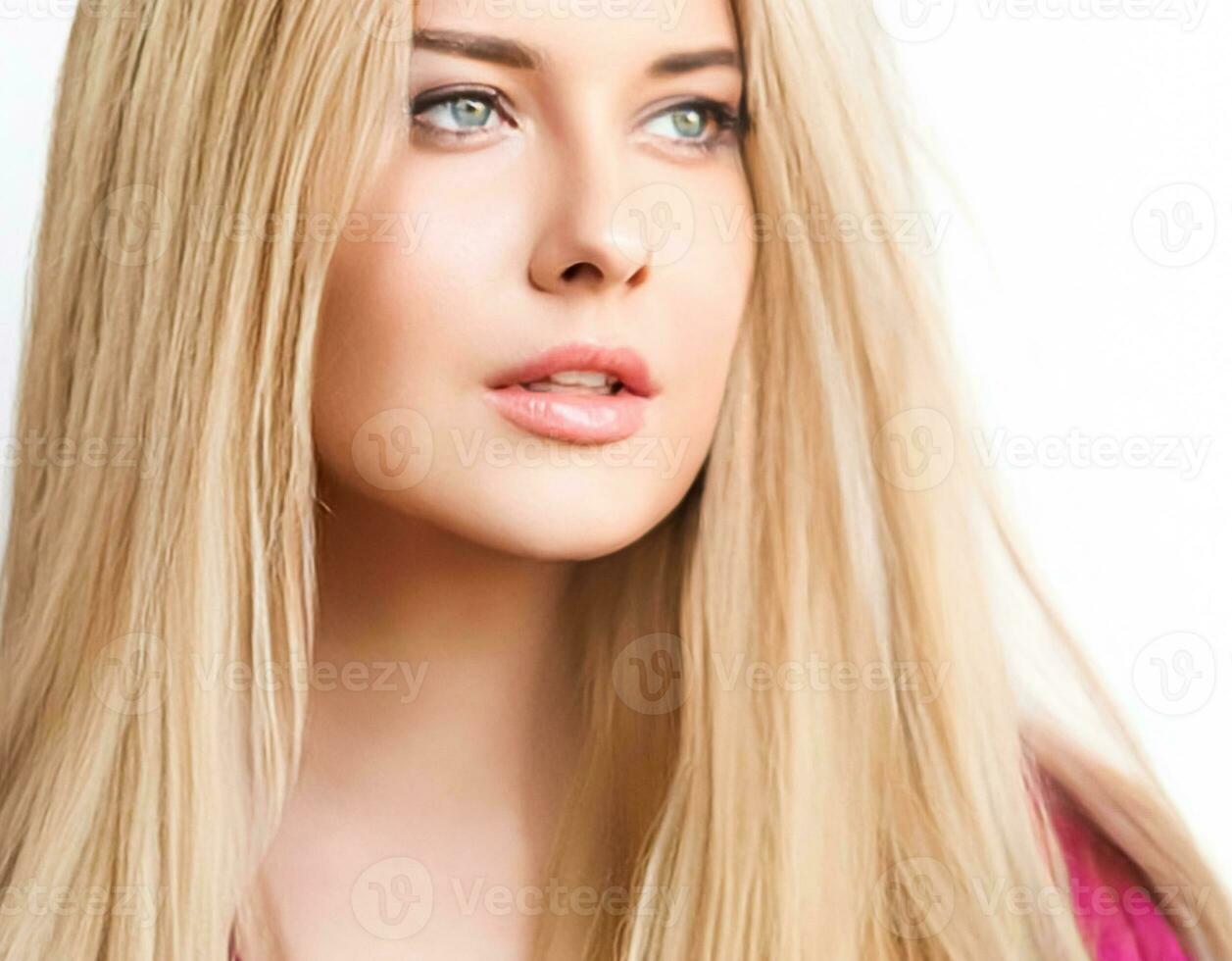Frisur, Schönheit und Haar Pflege, schön blond Frau mit lange blond Haar, Glanz Porträt zum Haar Salon und Haarpflege foto