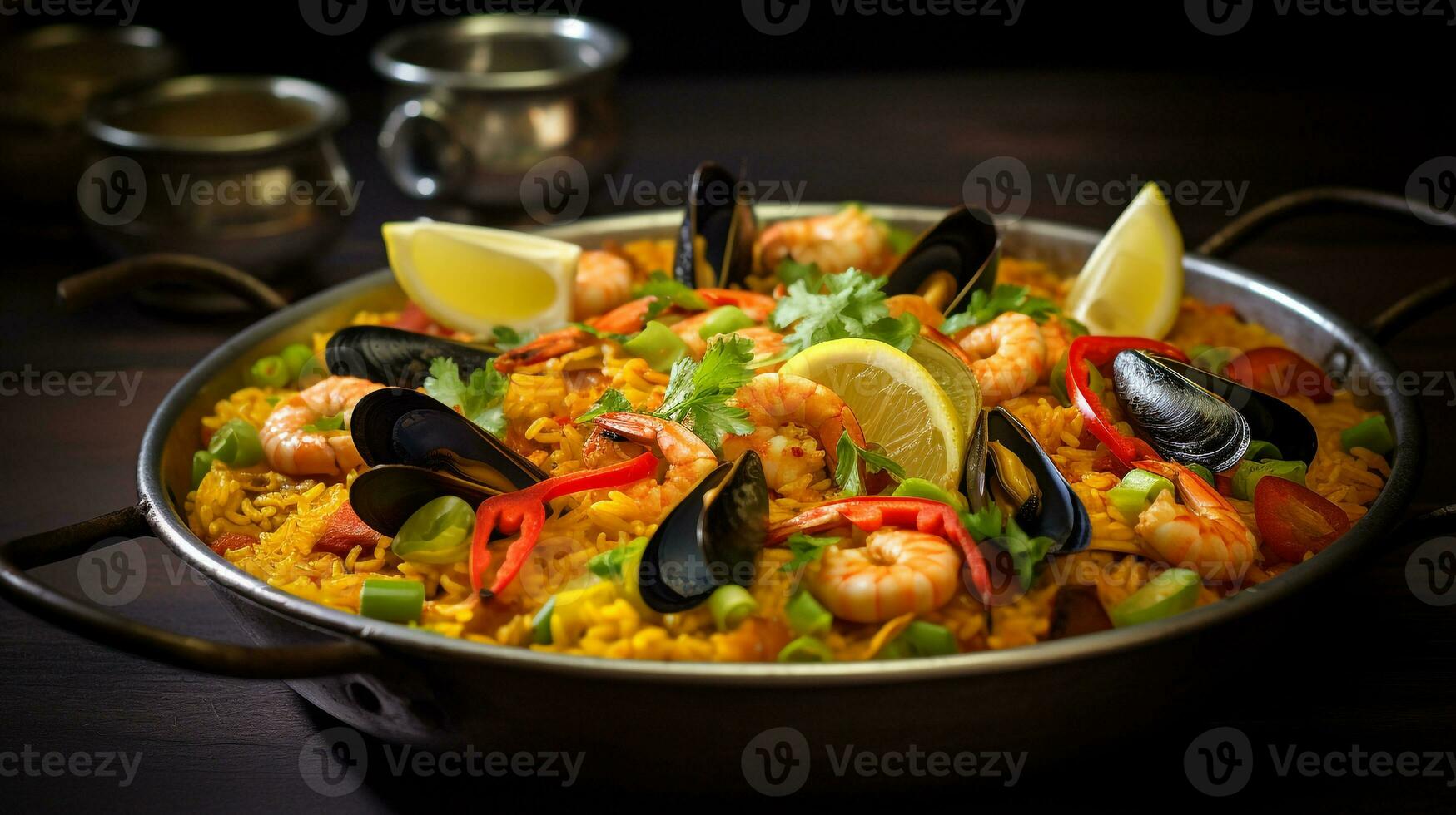 Foto von Meeresfrüchte Paella wie ein Gericht im ein hochwertig Restaurant. generativ ai