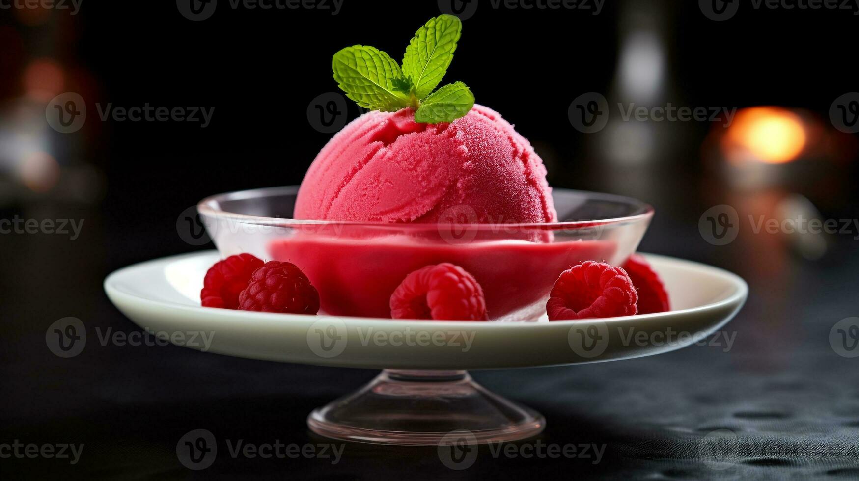 Foto von Himbeere Sorbet wie ein Gericht im ein hochwertig Restaurant. generativ ai