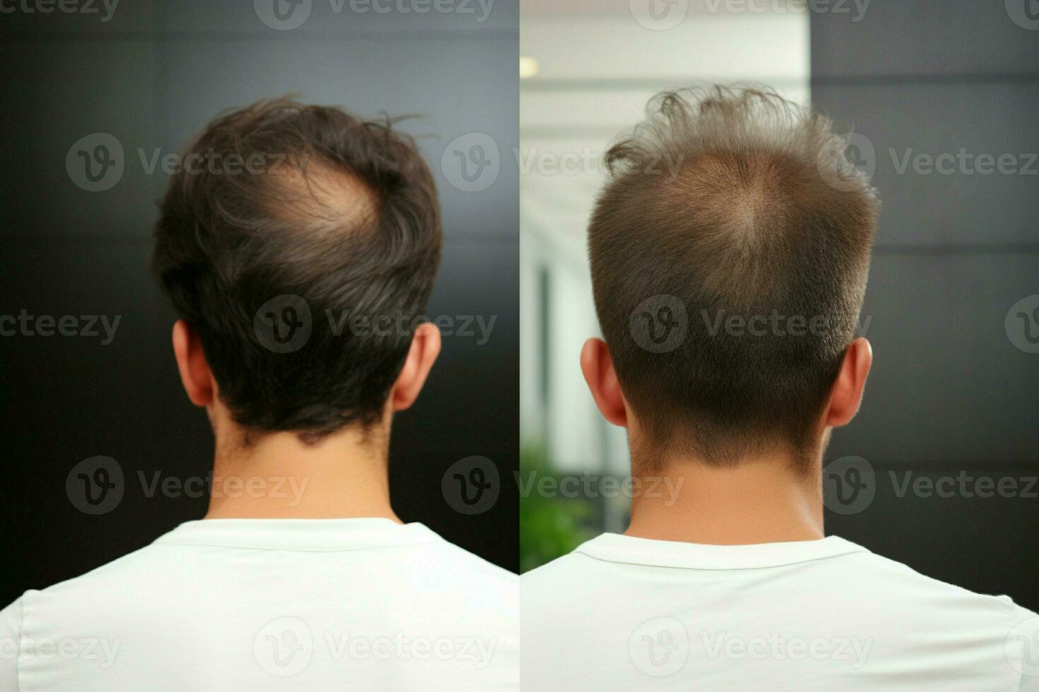 Haare Komm zurück mans Vor und nach Reise nach erfolgreich Haar Transplantation, erneuert Vertrauen ai generiert foto