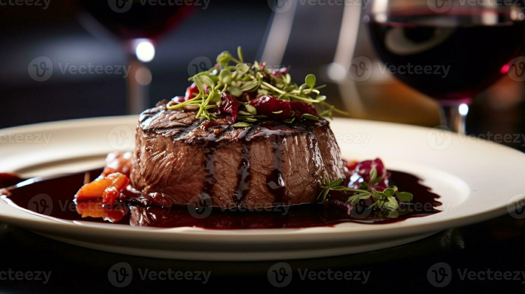 Foto von Rindfleisch Filet mit rot Wein Soße wie ein Gericht im ein hochwertig Restaurant. generativ ai