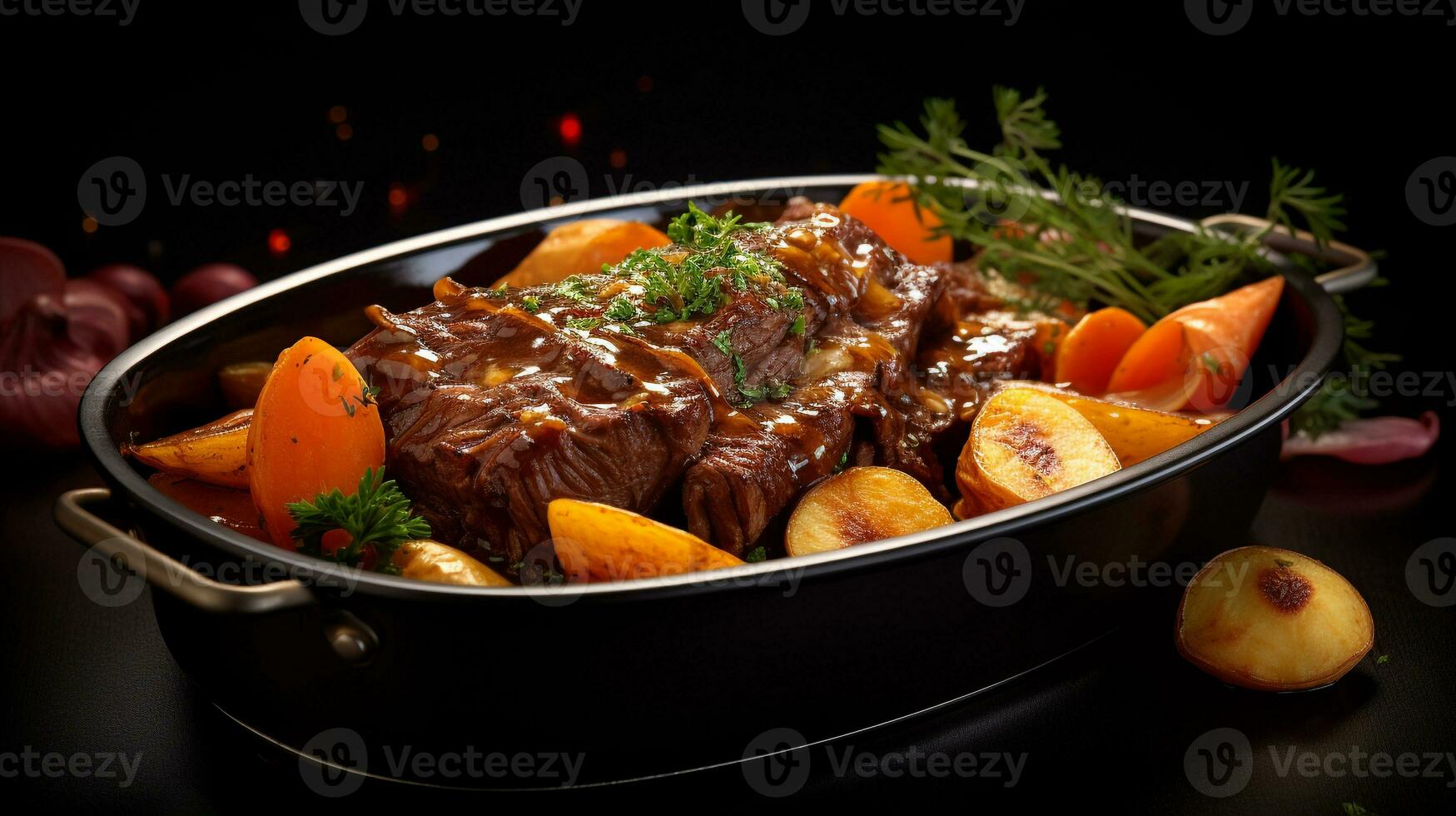 Foto von Rindfleisch Topf braten wie ein Gericht im ein hochwertig Restaurant. generativ ai
