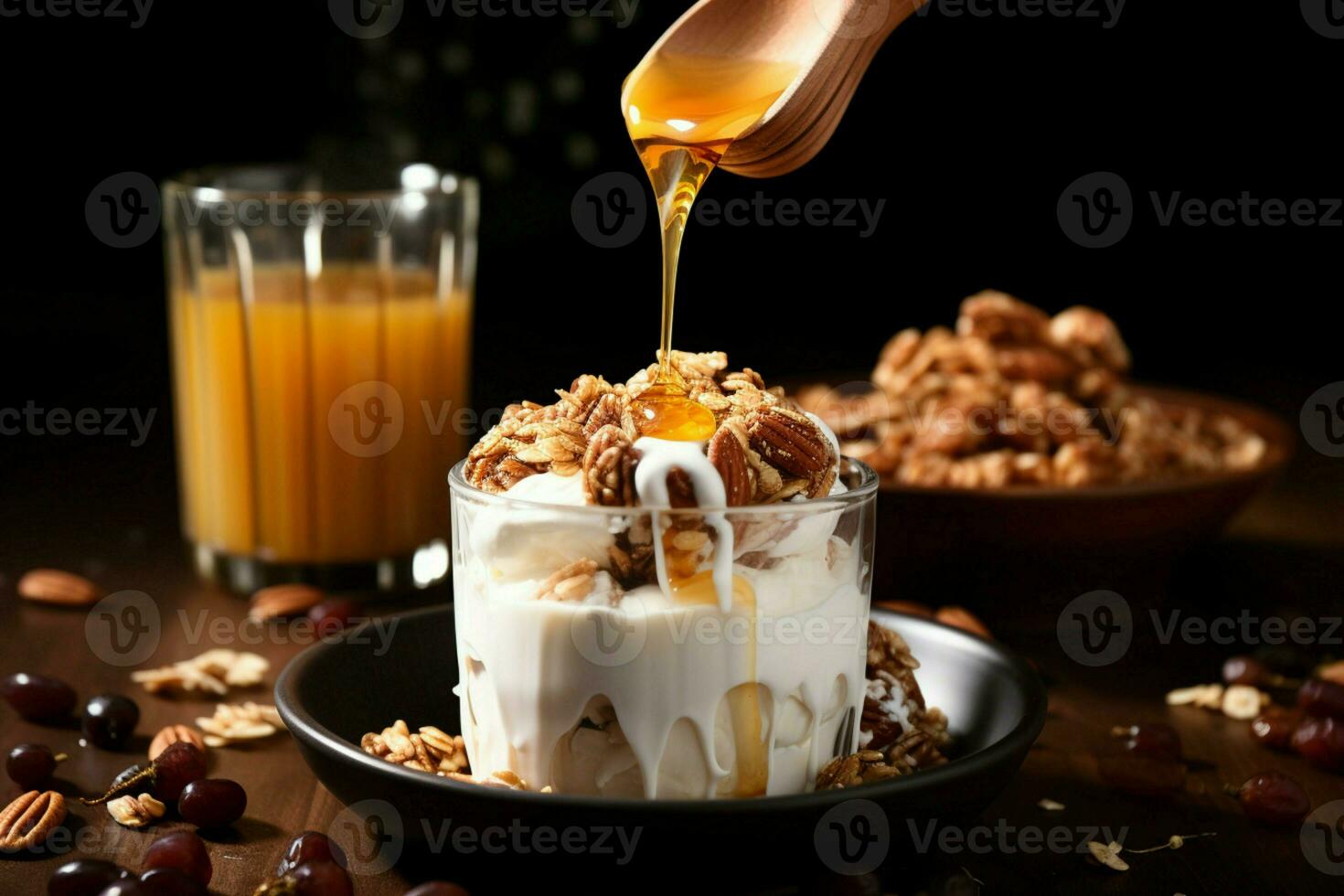 Nährstoff Reich Müsli und Milch, gesüßt mit ein berühren von golden Honig ai generiert foto