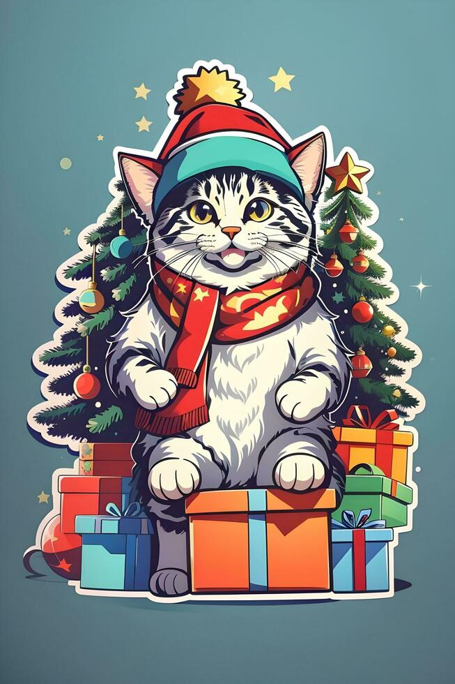 süß Weihnachten Katze Aufkleber mit Weihnachten Baum, sanatas Hut, Geschenk Kasten, ai generieren foto