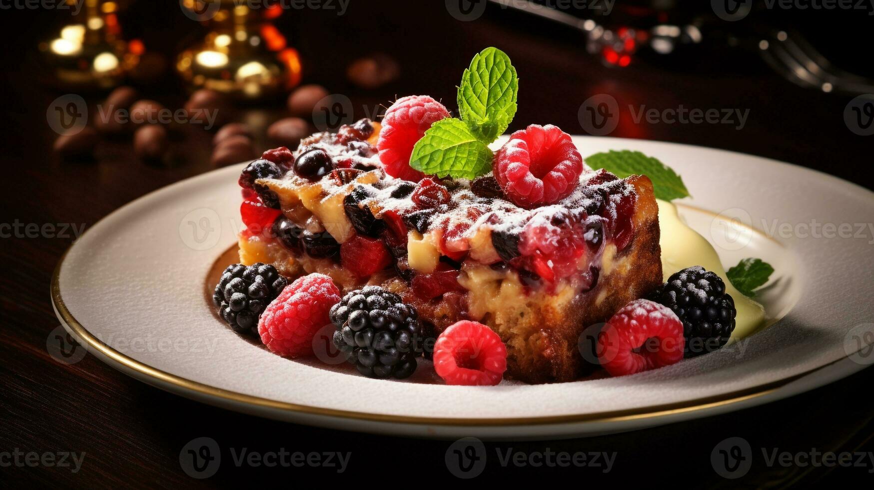 Foto von Obstkuchen wie ein Gericht im ein hochwertig Restaurant. generativ ai