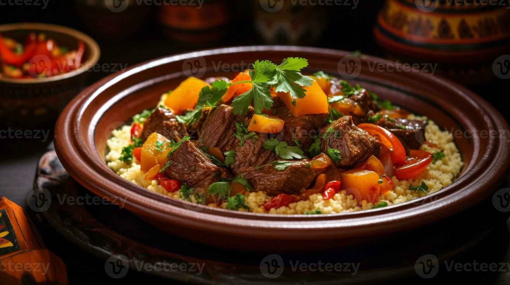 Foto von Lamm Tajine wie ein Gericht im ein hochwertig Restaurant. generativ ai