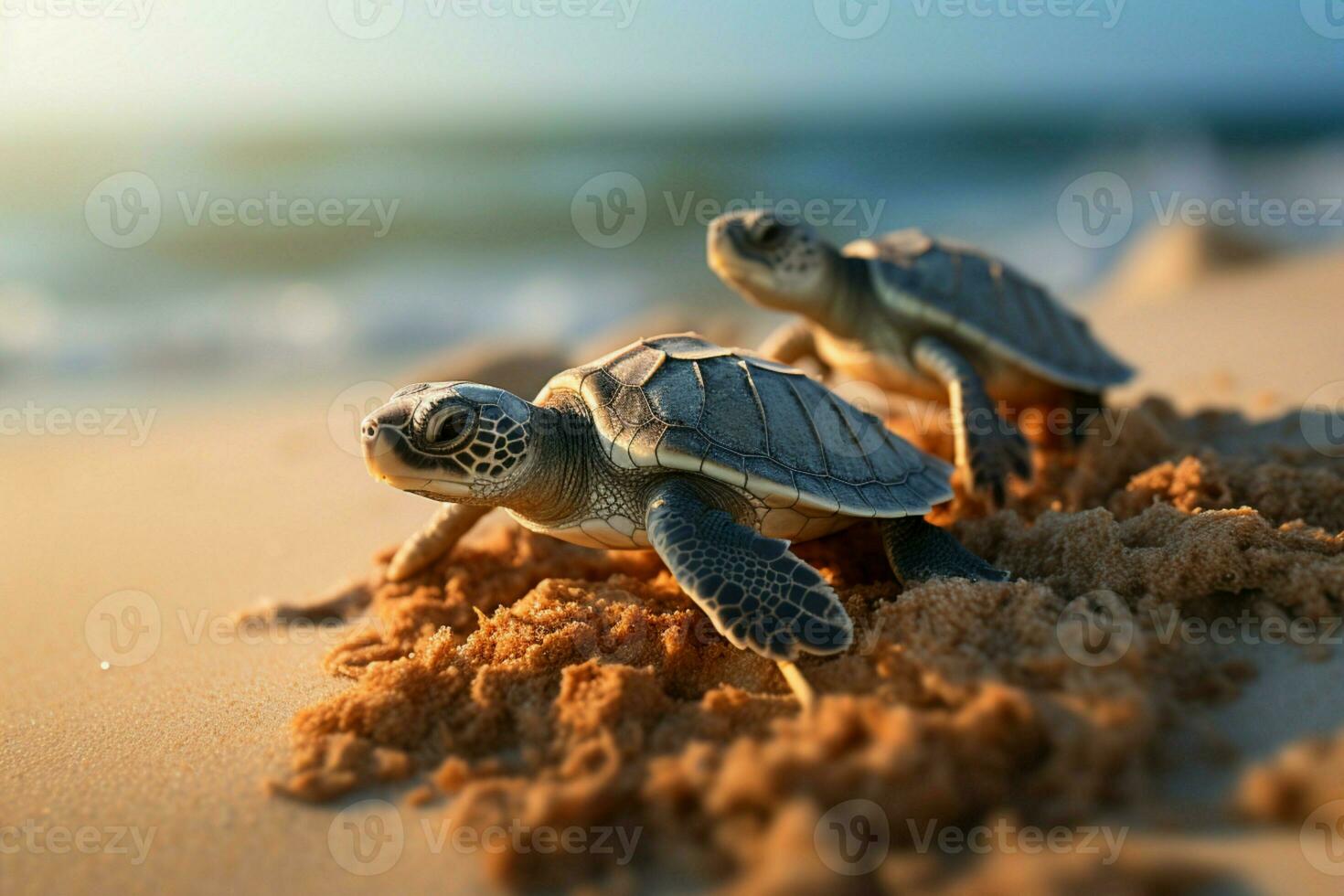 Küsten Wunder Strand Schraffur enthüllt Baby Schildkröten wie Sie Start ozeanisch Erkundung. ai generiert foto