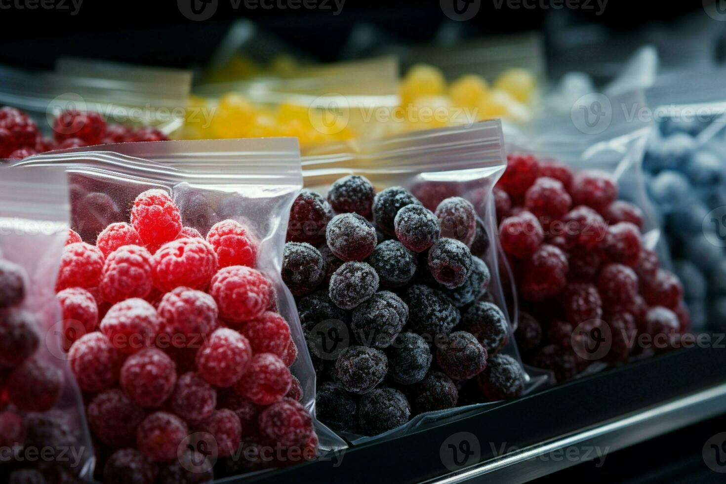gefroren Beeren gelagert im Plastik Taschen, ordentlich vereinbart worden auf ein Supermarkt Regal ai generiert foto