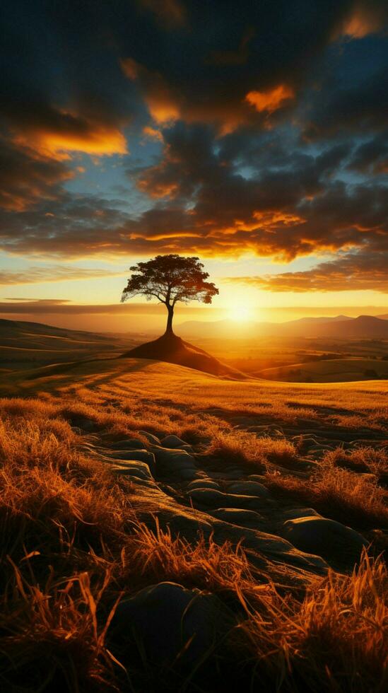 ein golden Sonnenaufgang badet das heiter Landschaft im warm Licht. Vertikale Handy, Mobiltelefon Hintergrund ai generiert foto