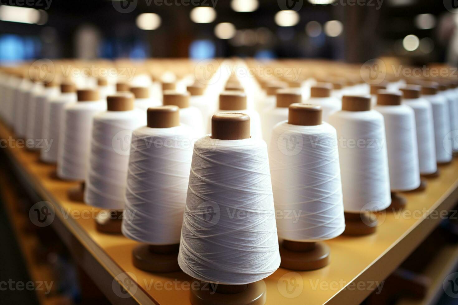 Spule gefüllt Regale Vitrine Weiß Baumwolle Garn im das Textil- Fabrik ai generiert foto