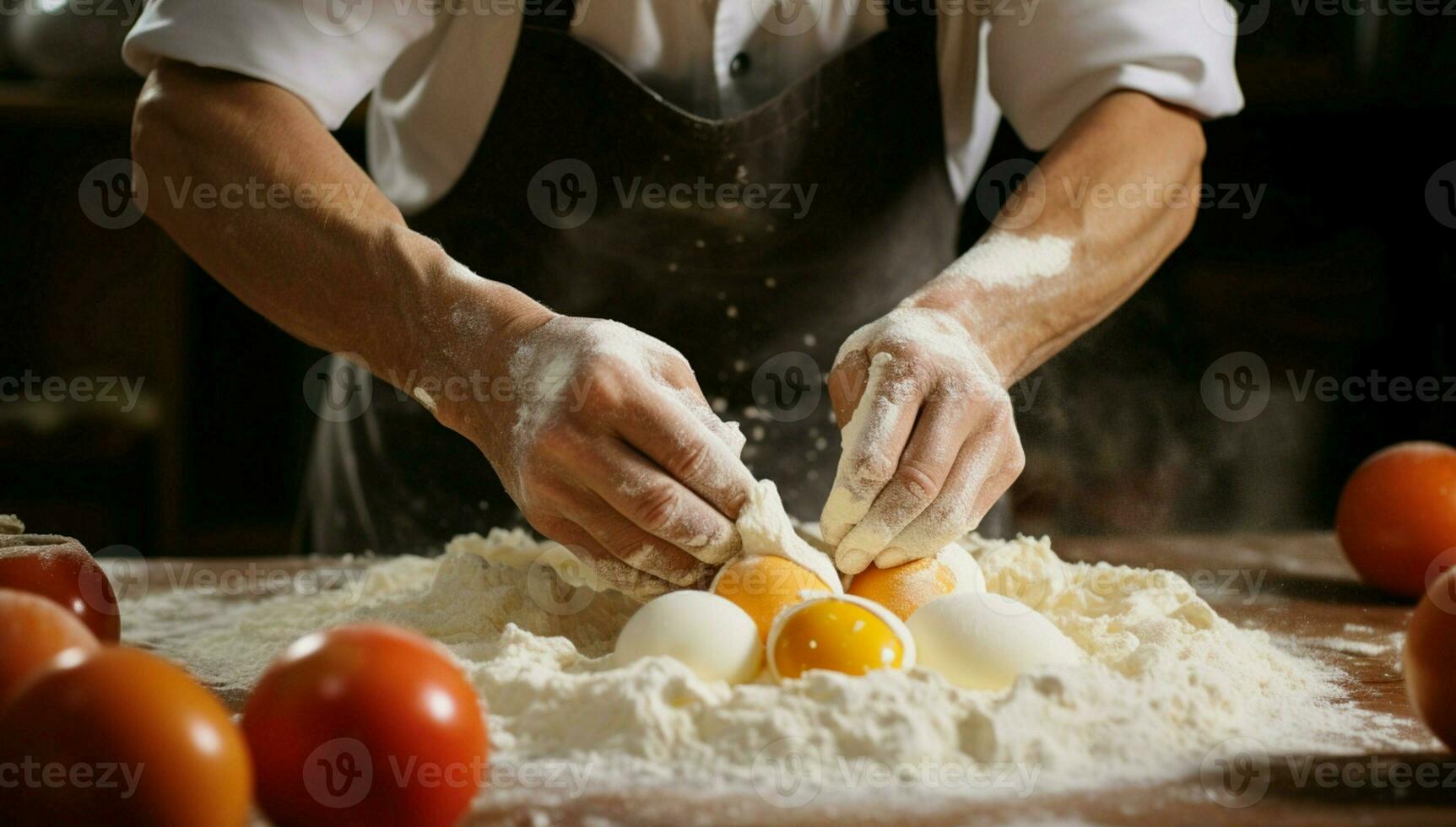 Koch Hände fachmännisch einarbeiten ein Ei in ein Mehl Stapel zum Kochen ai generiert foto