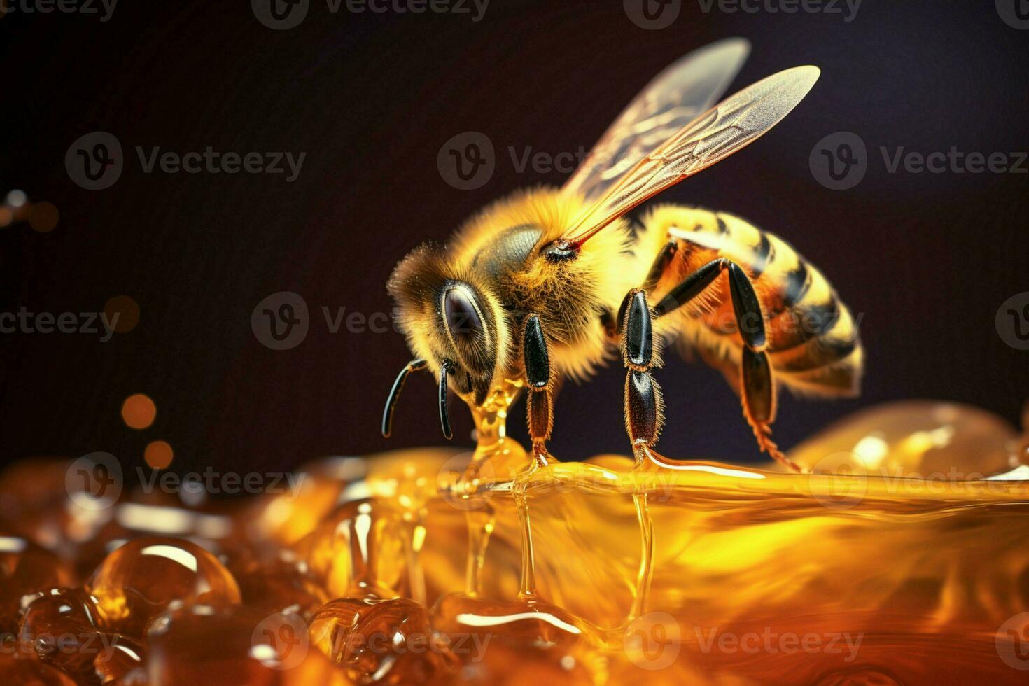 anmutig Biene, Krug ein tropfen, verkörpert Naturen Süss Zusammenarbeit im in der Luft ai generiert foto