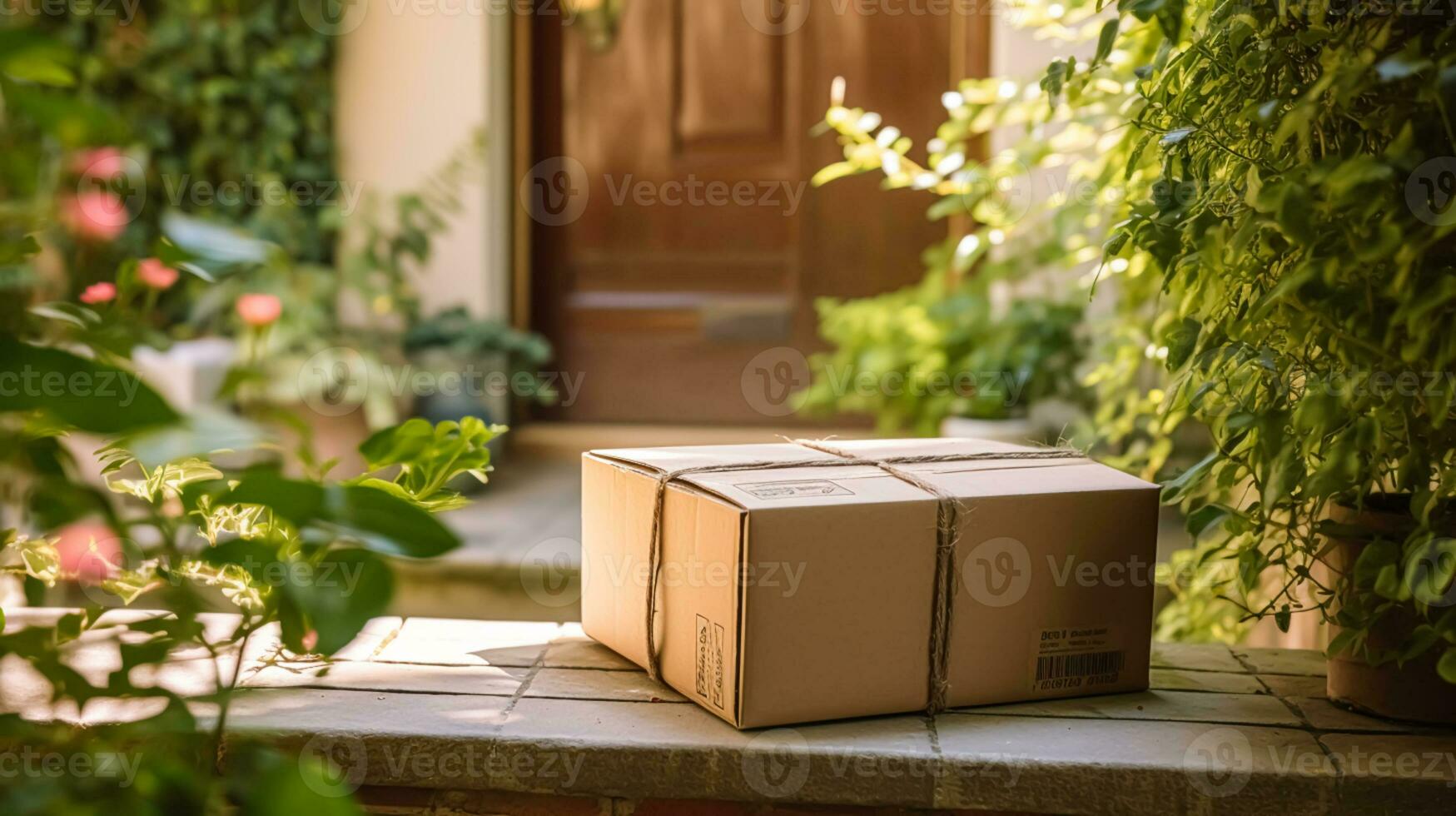 Post- Service, Zuhause Lieferung und online Einkaufen, Paket Box auf ein Haus Haustür im das Landschaft, generativ ai foto