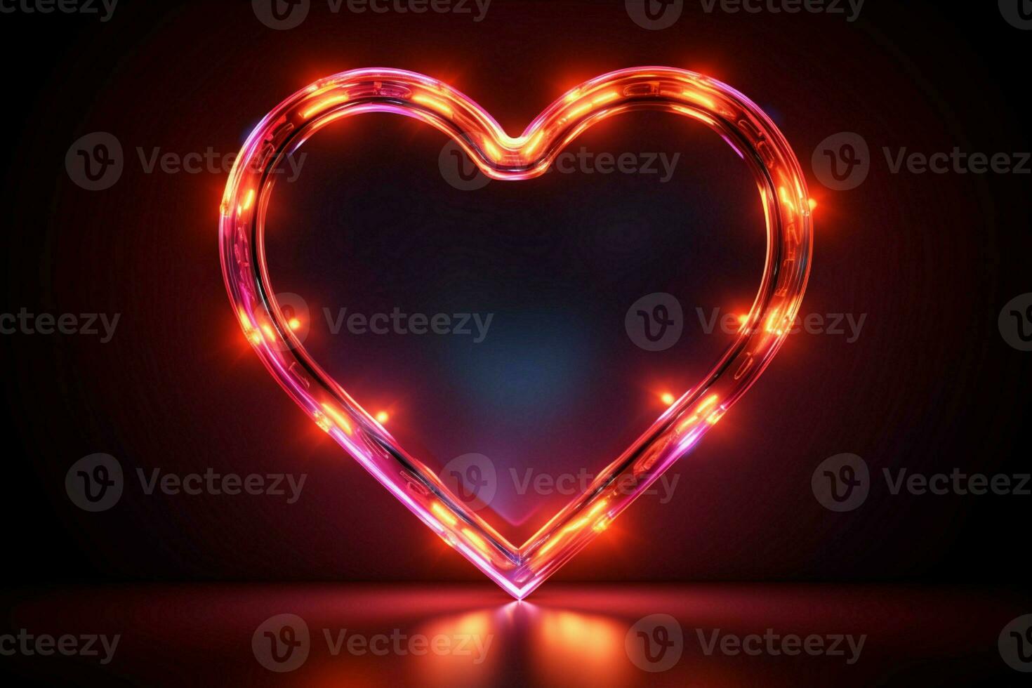 glühend Herzen Zeichen retro Neon- Design strahlt auf ein schwarz Hintergrund ai generiert foto
