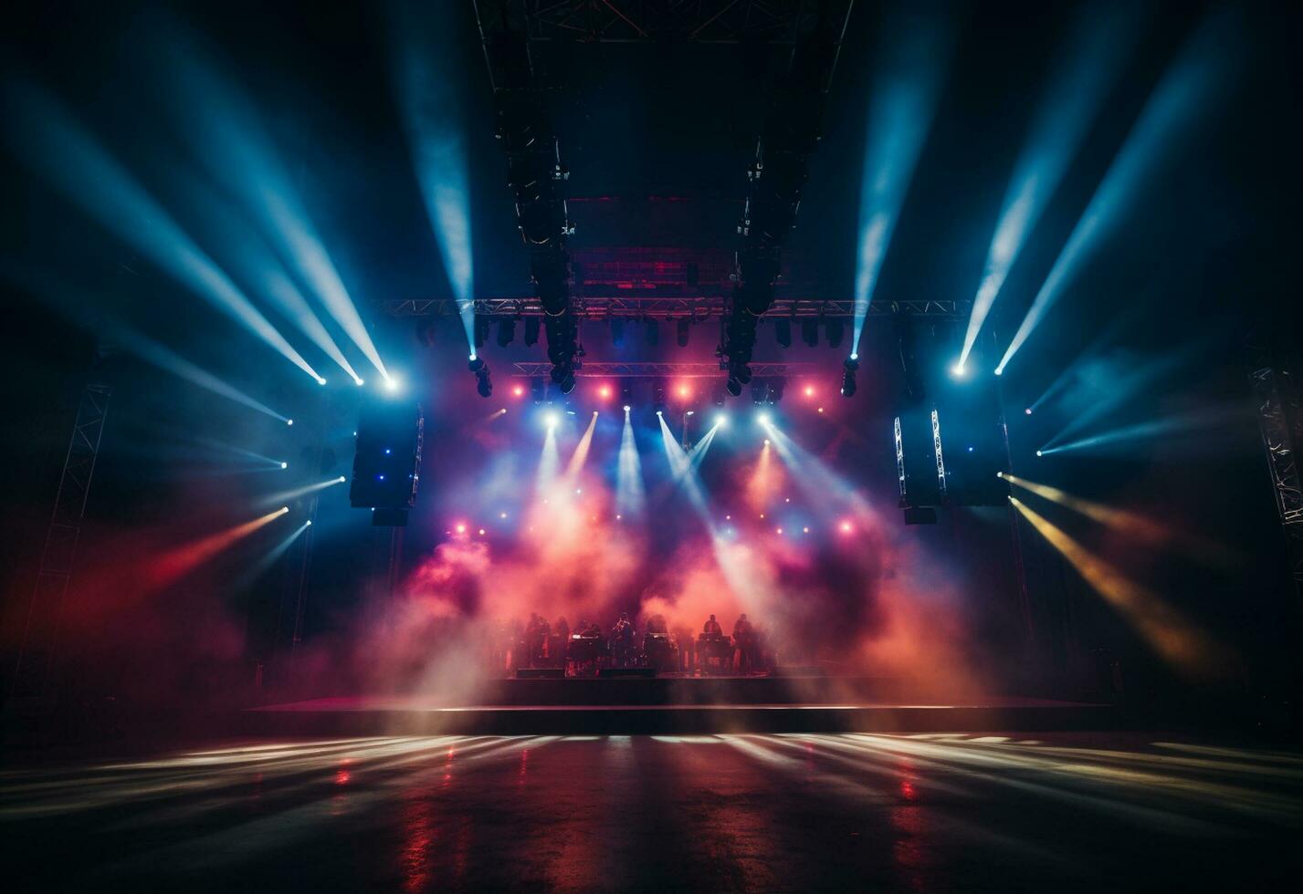 ai generativ Konzert Bühne Landschaft mit Scheinwerfer farbig Beleuchtung Rauch foto
