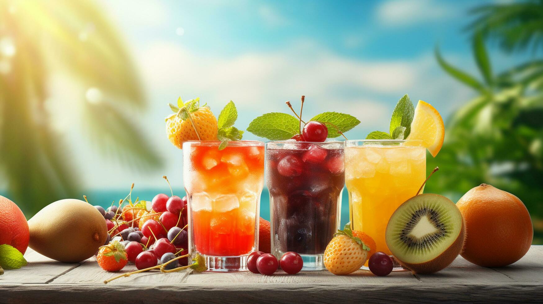 Foto ein Vorderseite Aussicht frisch Obst Cocktails mit frisch Obst Scheiben Eis Kühlung auf Blau, trinken Saft co