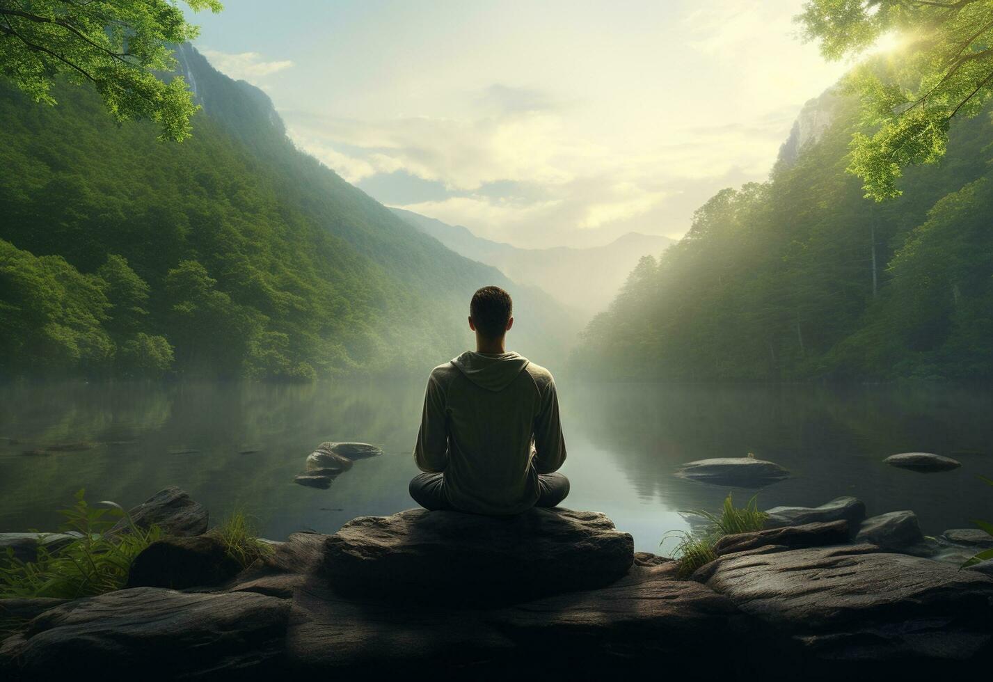 ai generativ Foto von ein Mann üben Achtsamkeit und Meditation im ein friedlich natürlich Umgebung Sony a7s realistisch Bild, Ultra hd, hoch Design sehr detailliert