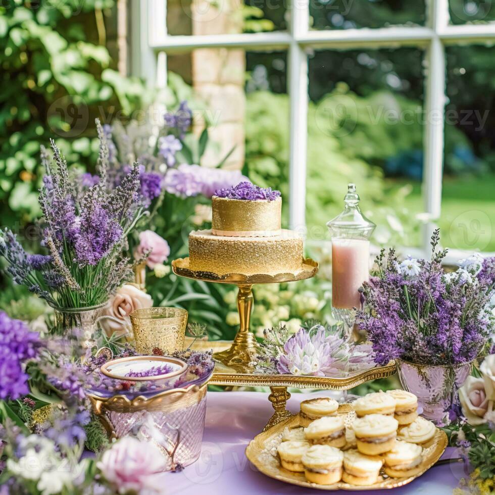 Hochzeit Kuchen mit Lavendel Blumen- Dekor, Party Feier und Urlaub Dessert im ein Landschaft Garten, Veranstaltung Essen Gastronomie, Land Hütte Stil, generativ ai foto