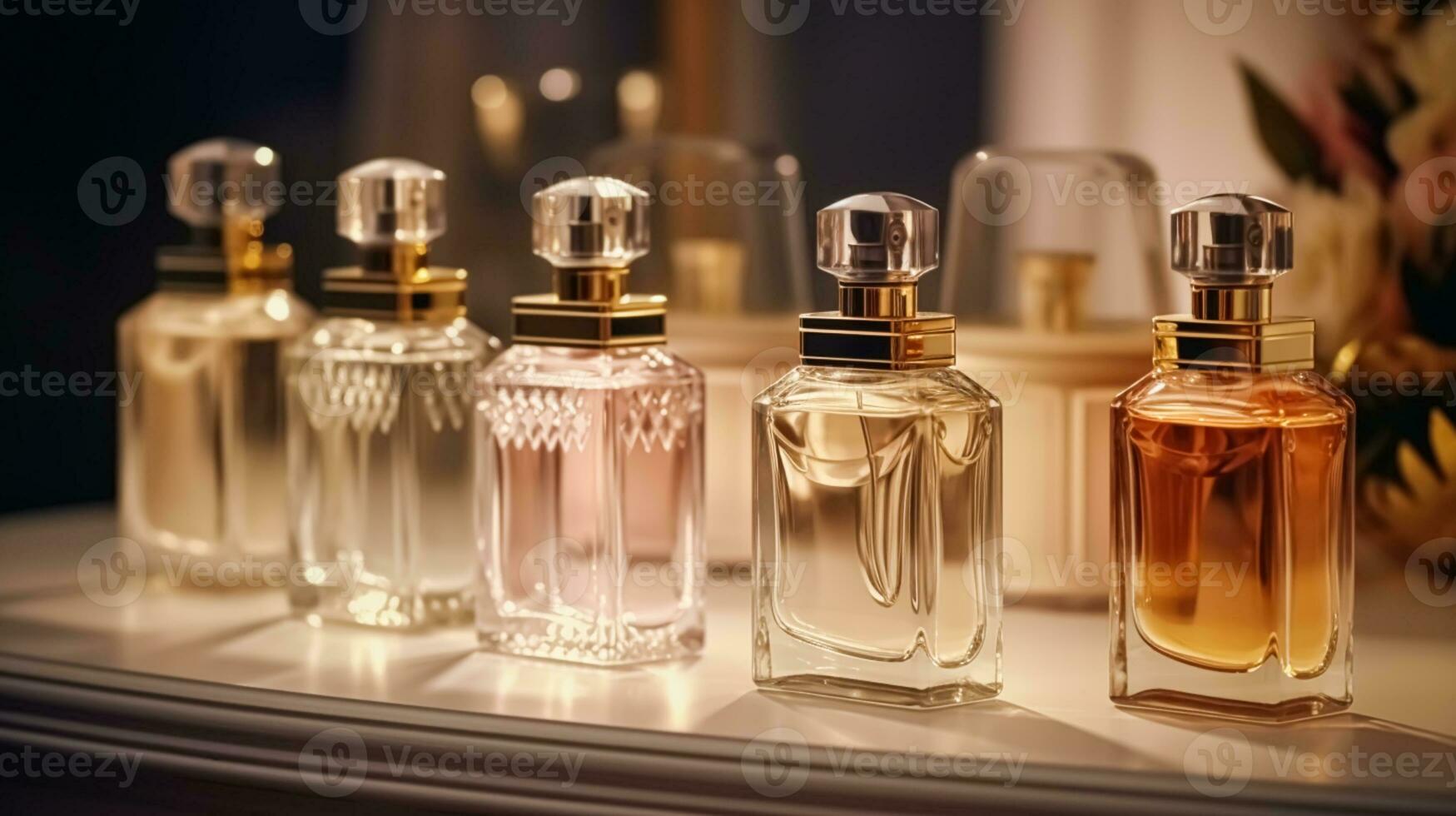 Luxus Duft Flaschen beim Parfüm Duft beim Präsentation Fall, maßgeschneidert Parfümerie und Schönheit Produkt Verkauf, generativ ai foto
