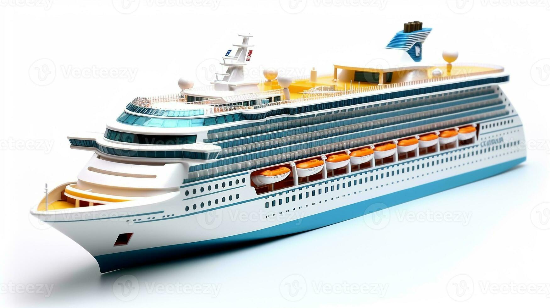 Anzeigen ein 3d Miniatur Kreuzfahrt Schiff. generativ ai foto