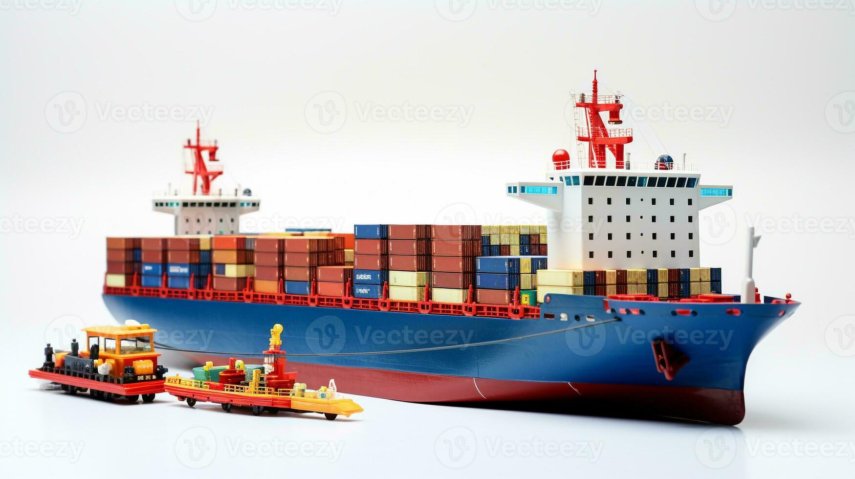 Anzeigen ein 3d Miniatur Container Schiff. generativ ai foto