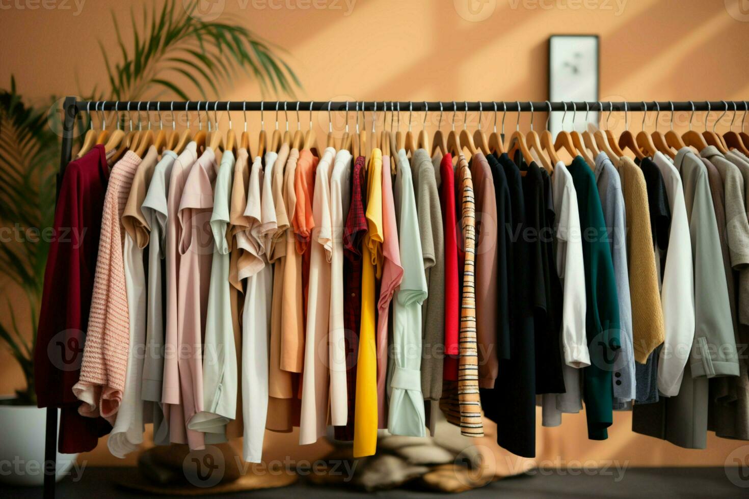 zeitgenössisch Kleidung Boutique Vitrinen modern Kleider auf Kleiderbügel im stilvoll Anordnung. ai generiert foto