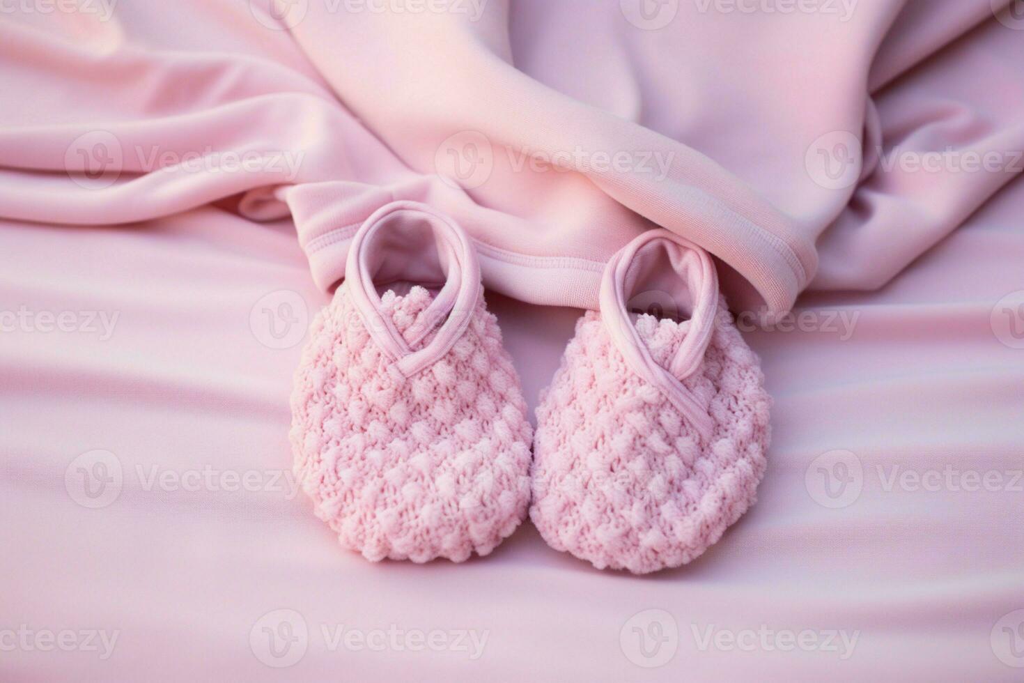 Babys Rosa Decke hält winzig Zehen warm mit bezaubernd Hausschuhe ai generiert foto