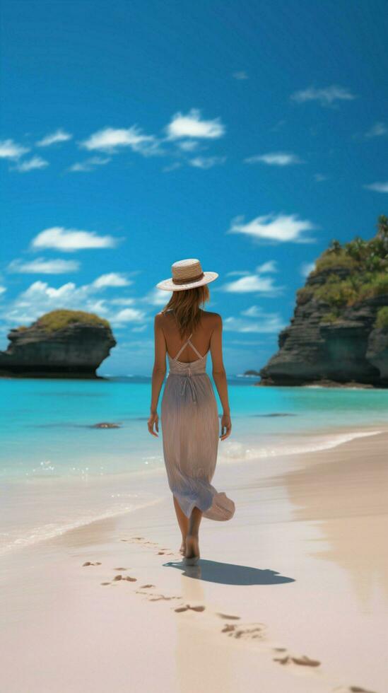 idyllisch Strand Urlaub, Frau erforscht Karibik Oase mit perfekt Weiß Sand Vertikale Handy, Mobiltelefon Hintergrund ai generiert foto