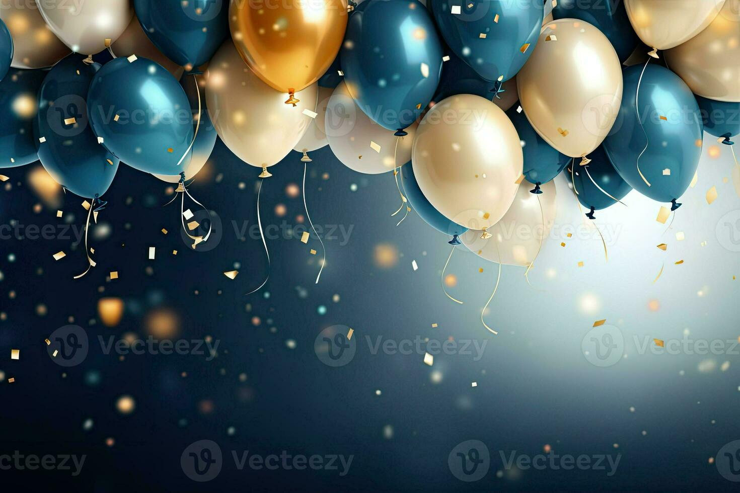 realistisch festlich Hintergrund mit golden und Blau Luftballons fallen Konfetti verschwommen Hintergrund und ein Bokeh Beleuchtung, generativ ai foto