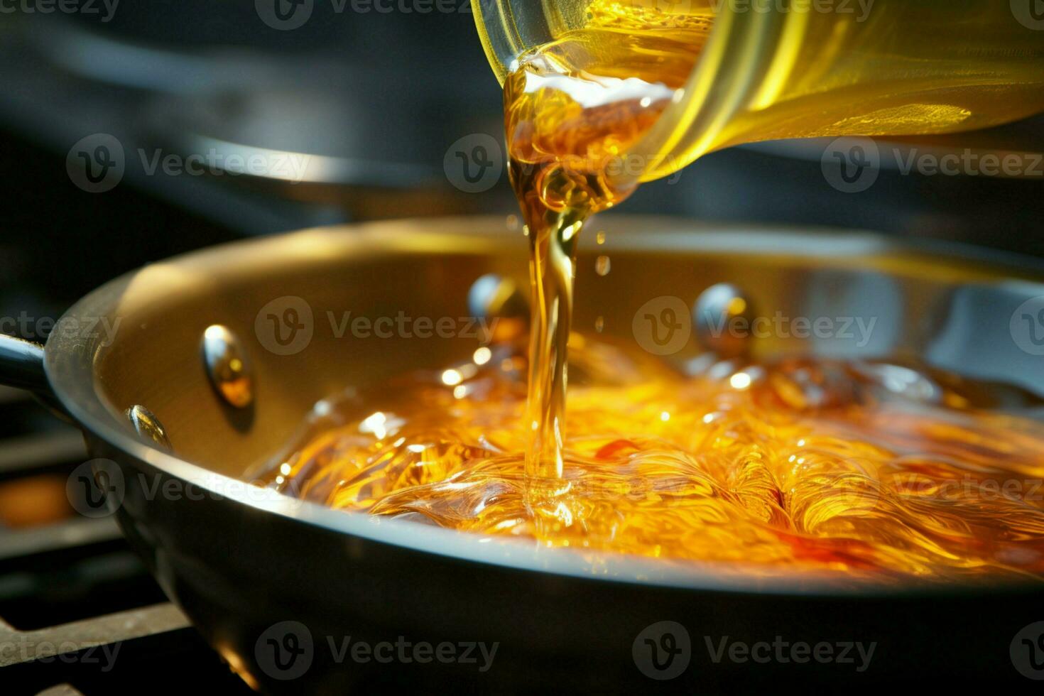 Öl Kaskaden in ein heiß Pfanne, Erstellen das perfekt tief braten Ambiente ai generiert foto