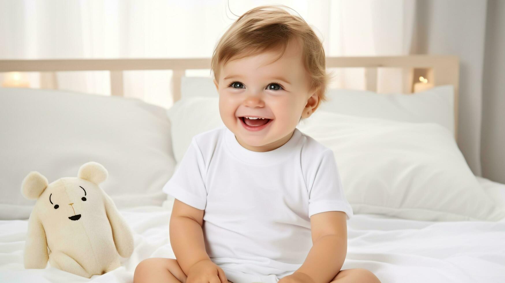 schildert ein Babys Verspieltheit, mit ein Weiß Hemd Bodysuit Attrappe, Lehrmodell, Simulation, ai generiert foto