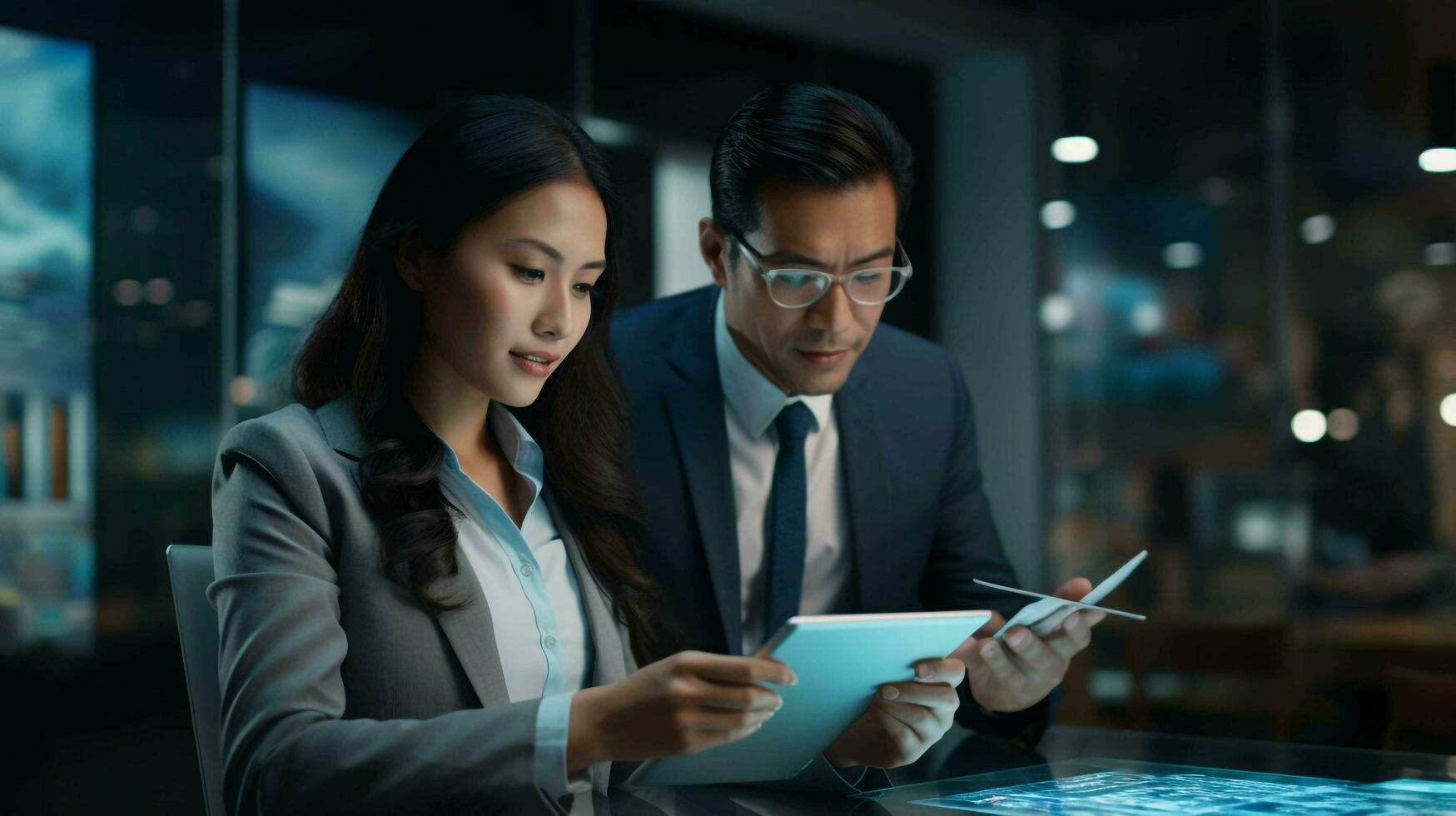 Menschen mit Tablets ein erfolgreich korporativ Team, umfassend ein fleißig asiatisch Frau und ein Latein Mann. Arbeiten zusammen beim ein korporativ Büro, ai generiert foto