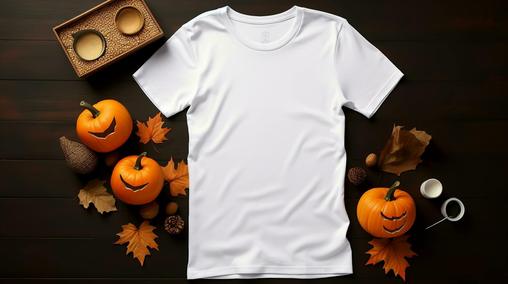 Halloween von oben nach unten Aussicht von ein Bella Segeltuch leer Weiß Farbe T-Shirt Attrappe, Lehrmodell, Simulation, ai generiert foto