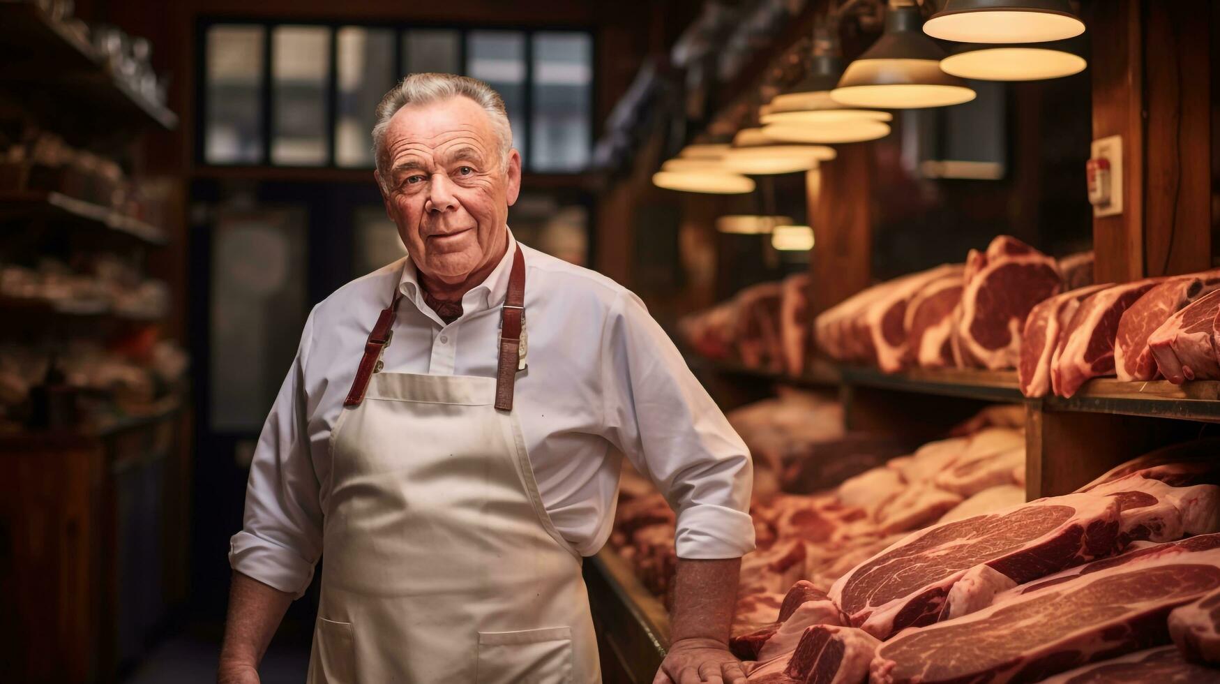 ein alt männlich Metzger im ein traditionell Fleisch Geschäft, ai generiert foto