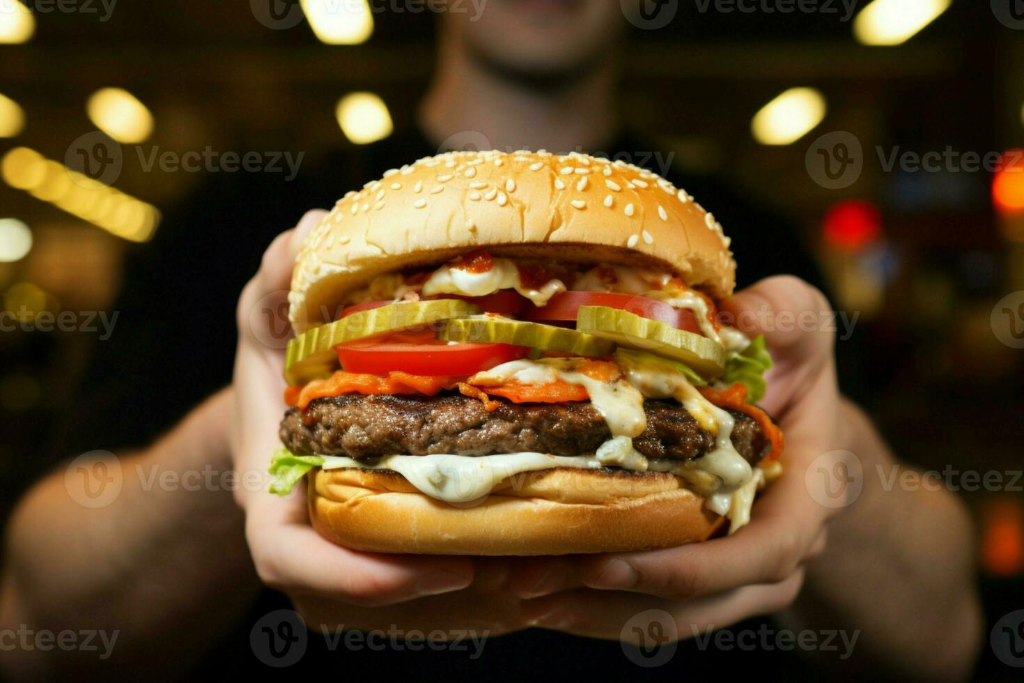 schließen oben unwiderstehlich, lecker Burger umklammert im ein mans erpicht, Fleisch liebend Hände ai generiert foto