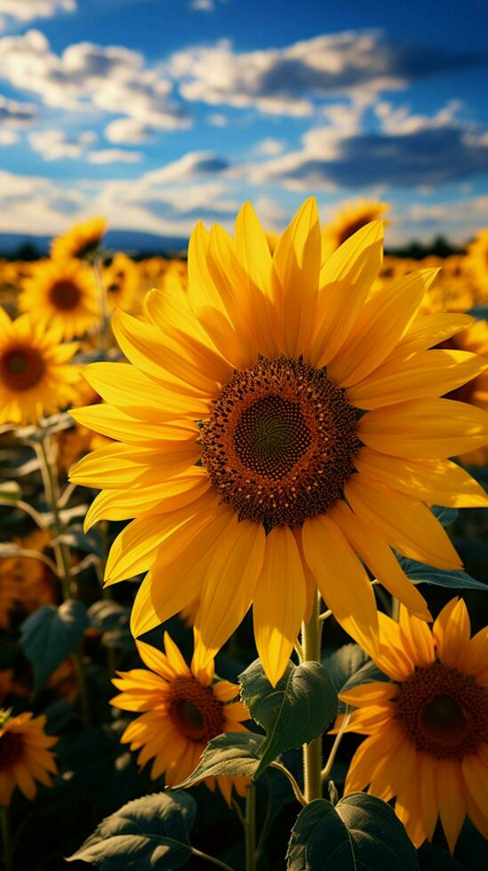 brillant Gelb Sonnenblumen schwanken im ein sonnig Wiese. Vertikale Handy, Mobiltelefon Hintergrund ai generiert foto