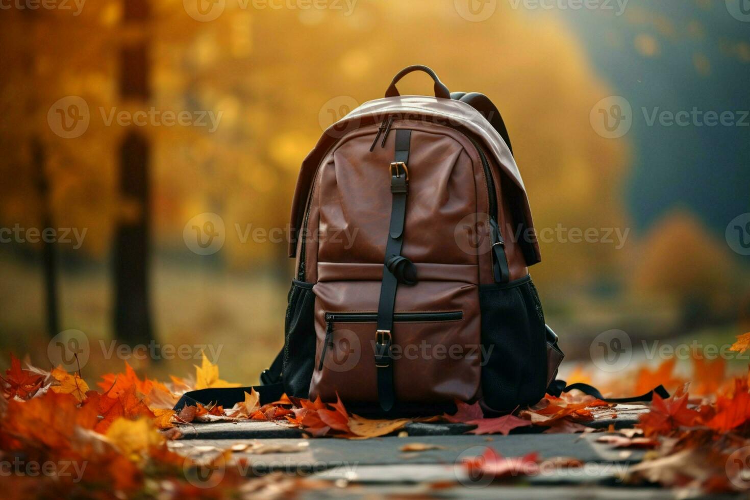 ai Technologie Kunsthandwerk Rucksack und Zubehör gegen ein atemberaubend Herbst Natur Hintergrund ai generiert foto