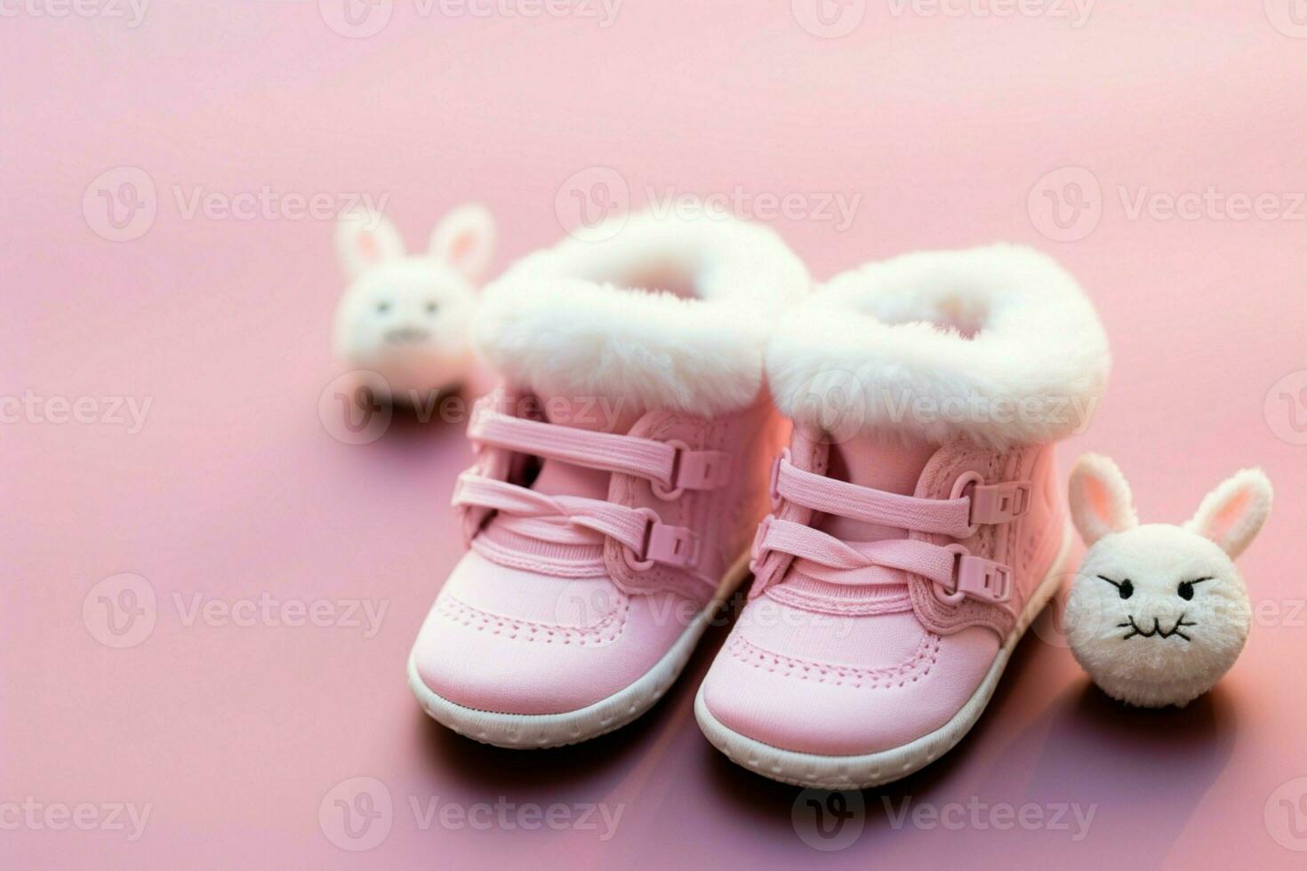 bezaubernd Baby Rosa Booties zum winzig Füße, ruhen auf ein Hasen Deckel ai generiert foto