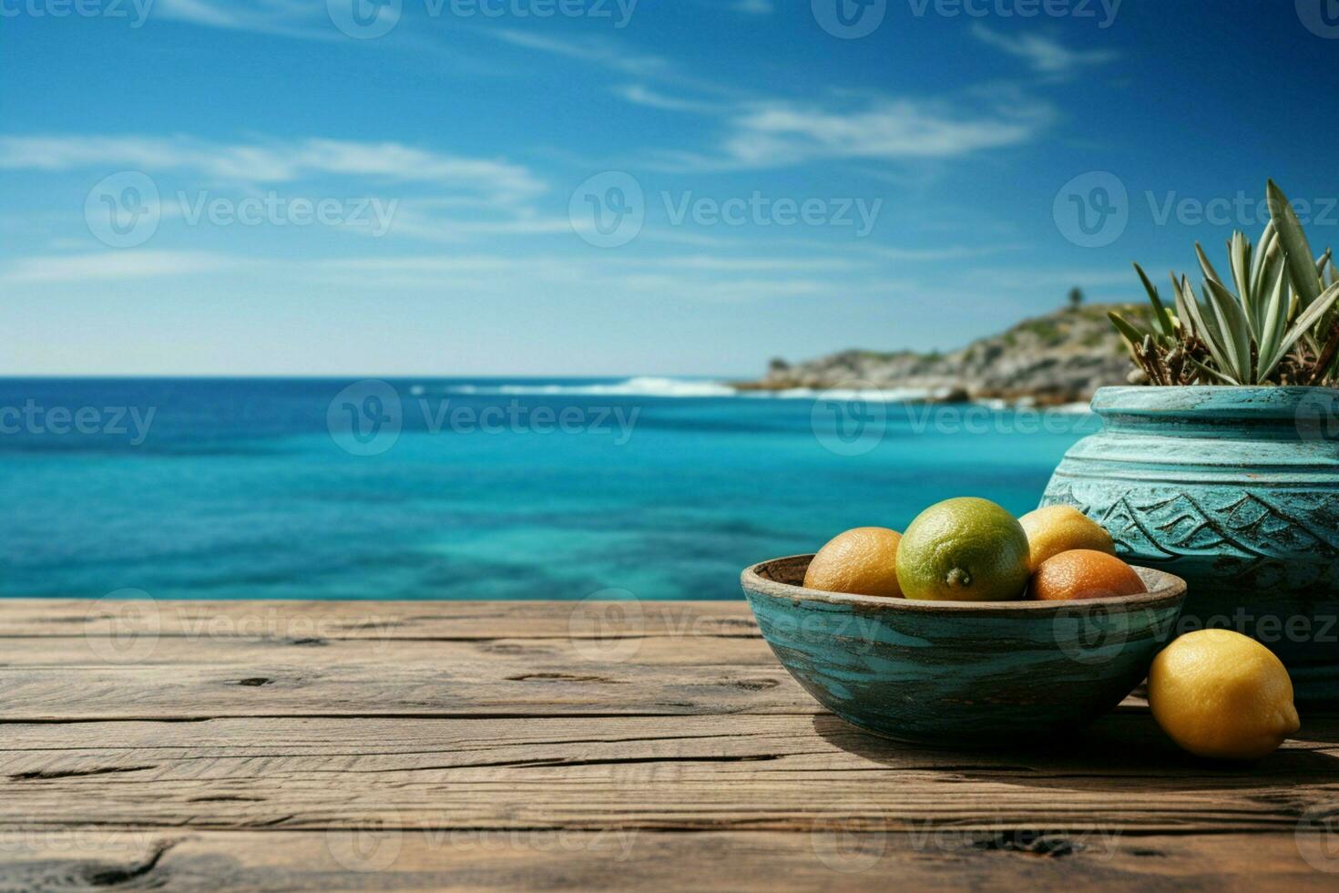 Sommer- locken hölzern Tabelle auf Blau Meer Hintergrund zum kulinarisch oder Wellness ai generiert foto