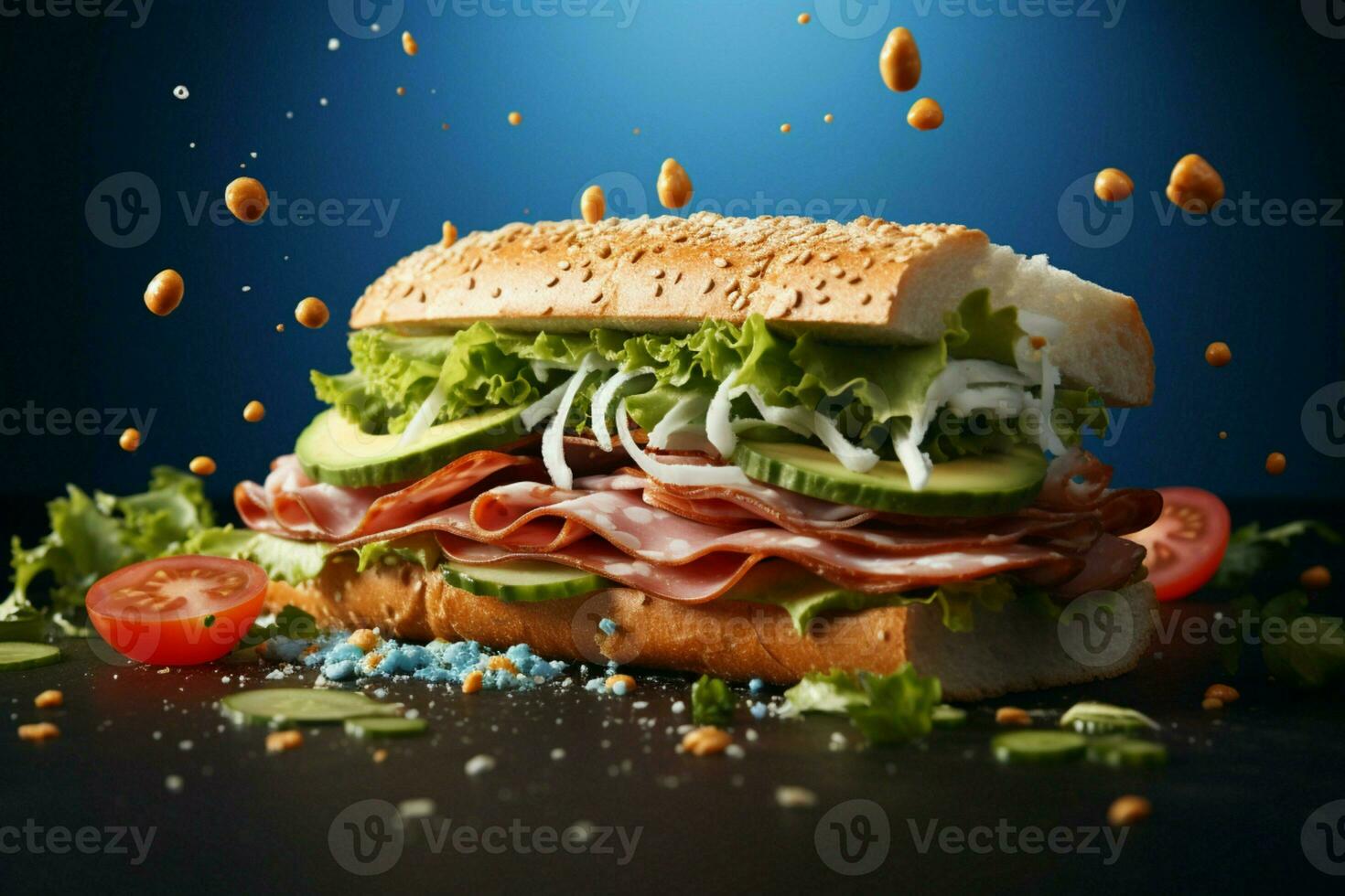 kreativ Komposition von ein zeitlos amerikanisch Sandwich steigt an gegen ein Blau Hintergrund ai generiert foto