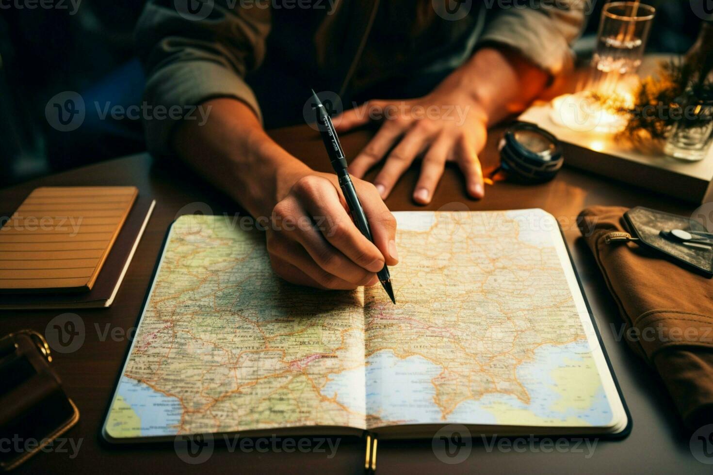 auf ein Reise Hintergrund, ein männlich Hand hält ein Stift, Notizbuch, und Karte zum Ausflug Planung ai generiert foto