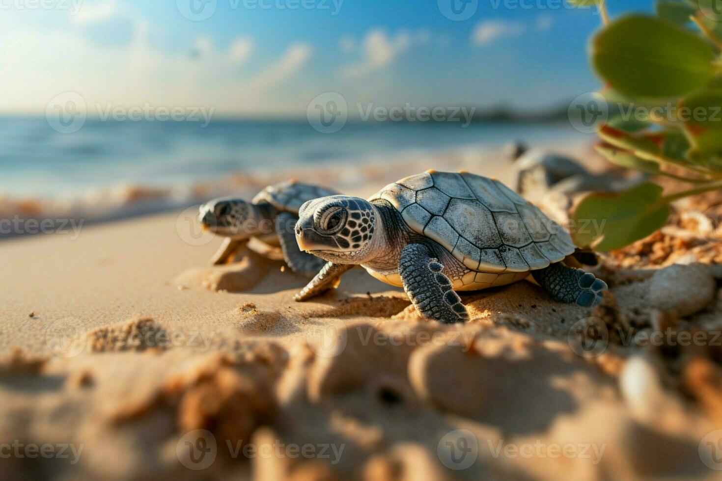 sandig Ufer bezeugt Baby Schildkröten Schraffur, einschiffen auf ihr Strand Abenteuer. ai generiert foto