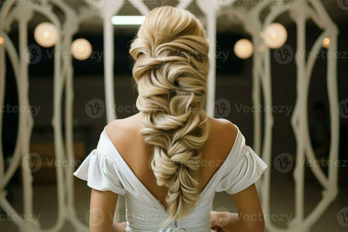 Kunst von Flechten Friseure Rückseite Aussicht wie kompliziert flechten transformiert Hochzeit Haar Styling ai generiert foto