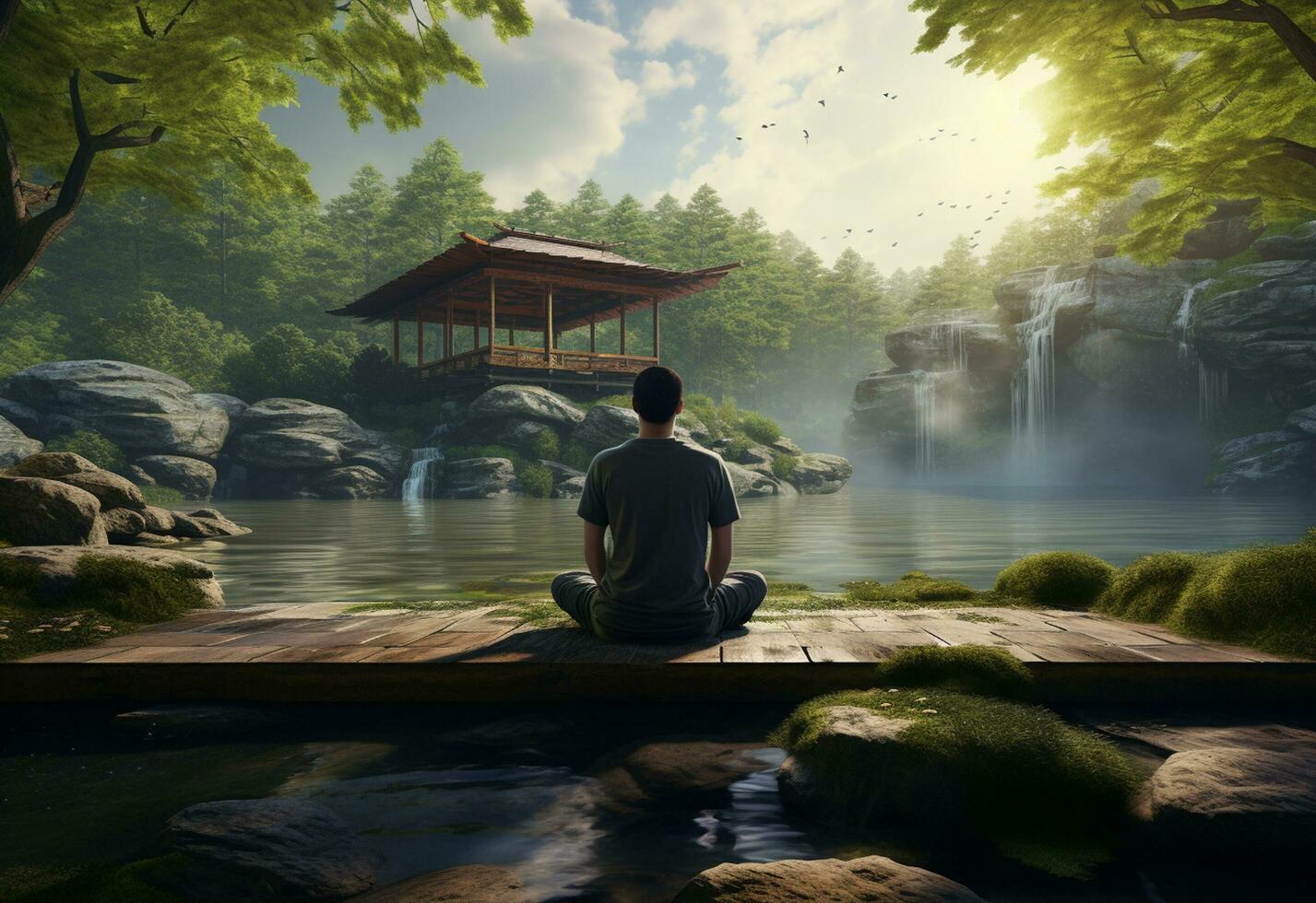 ai generativ Foto von ein Mann üben Achtsamkeit und Meditation im ein friedlich natürlich Umgebung Sony a7s realistisch Bild, Ultra hd, hoch Design sehr detailliert