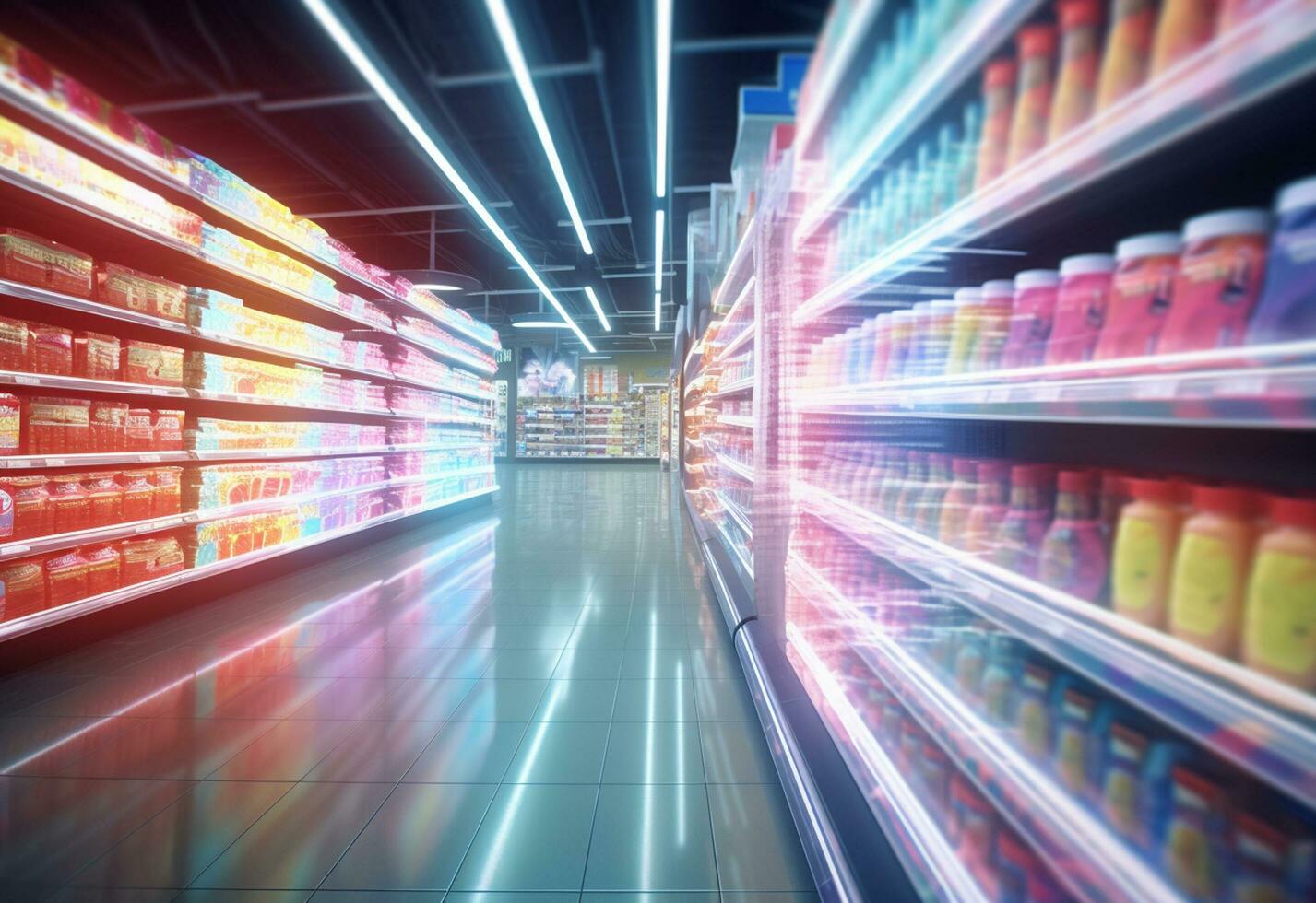 ai generativ verschwommen Einkaufen Regale im Supermärkte und Abteilung Shops realistisch Bild Ultra hd hoch Design foto